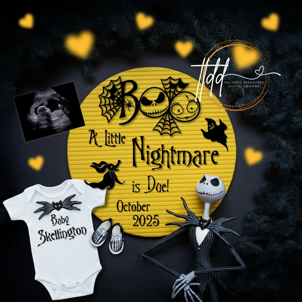 Digital Pregnancy Announcement, A Little Nightmare Coming, Customizable Halloween Themed, Personalized Editable Template TailoredTreasuresDigitalDesigns™