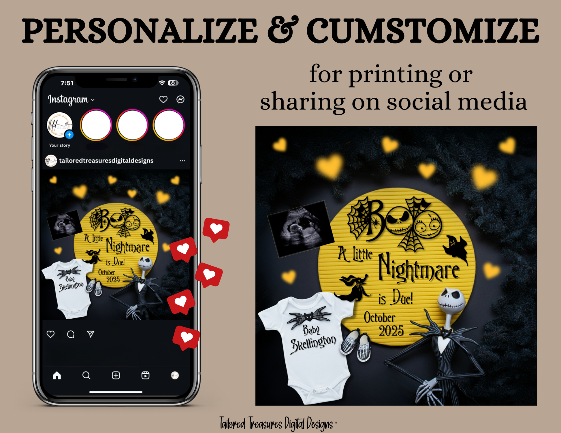 Digital Pregnancy Announcement, A Little Nightmare Coming, Customizable Halloween Themed, Personalized Editable Template TailoredTreasuresDigitalDesigns™