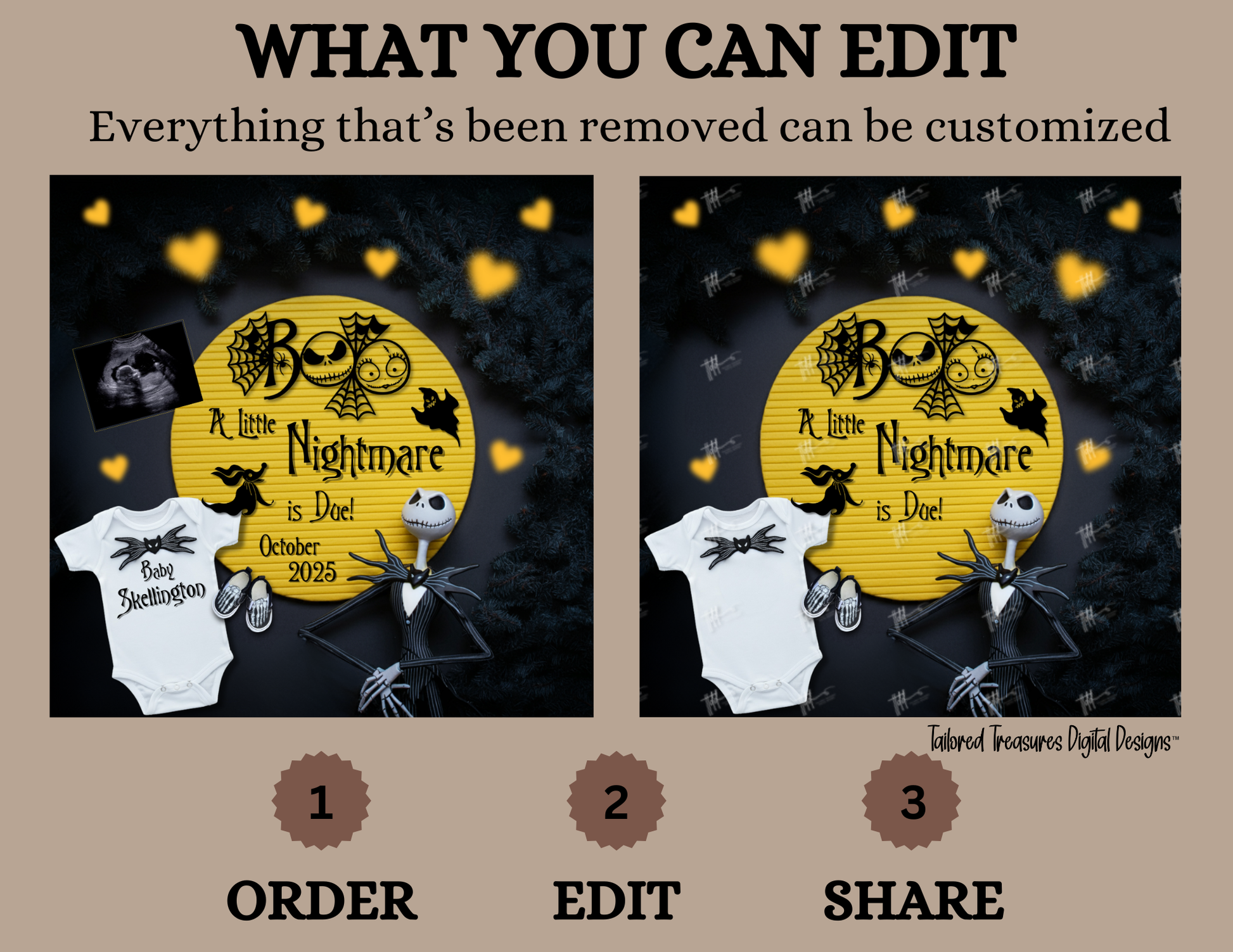 Digital Pregnancy Announcement, A Little Nightmare Coming, Customizable Halloween Themed, Personalized Editable Template TailoredTreasuresDigitalDesigns™