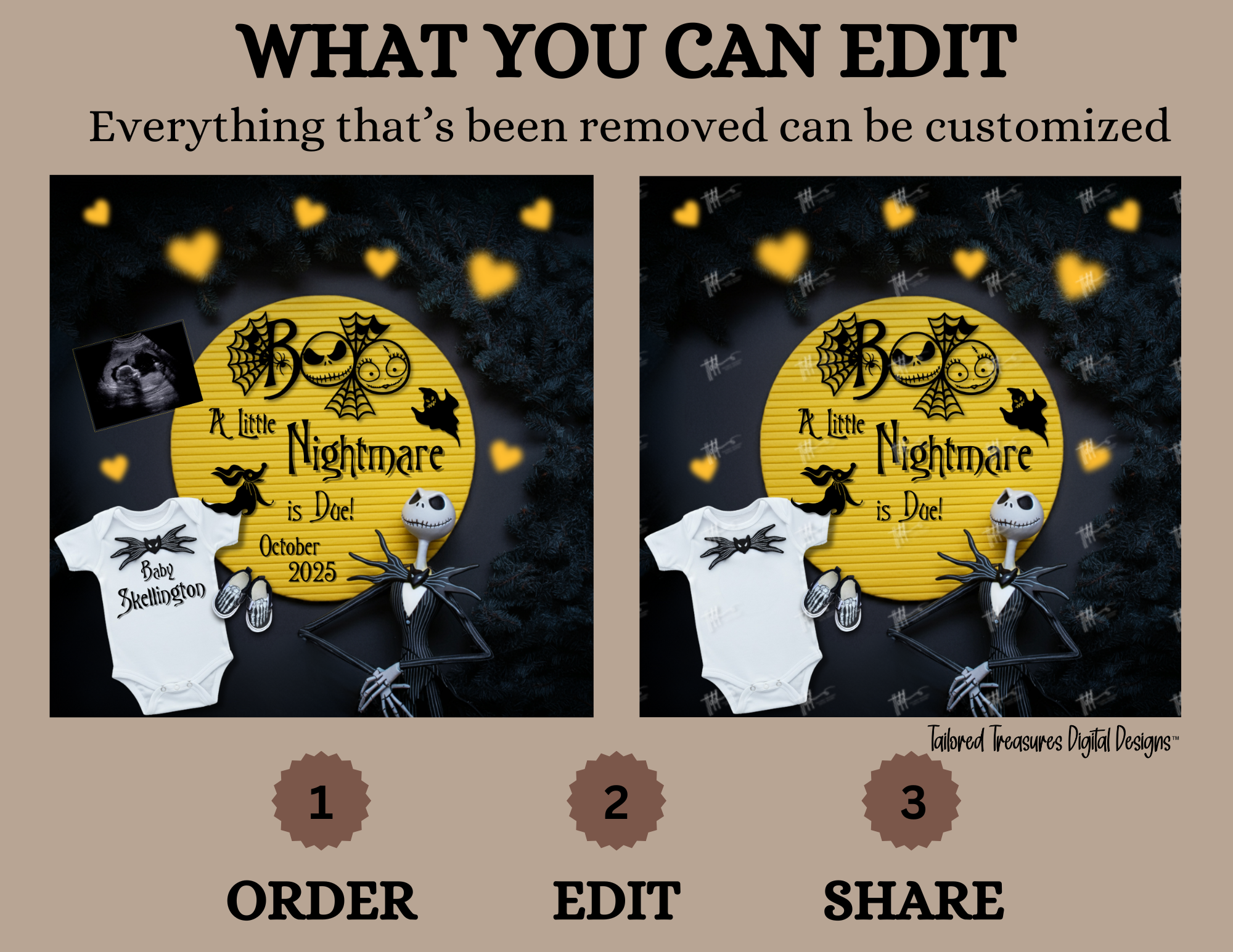 Digital Pregnancy Announcement, A Little Nightmare Coming, Customizable Halloween Themed, Personalized Editable Template TailoredTreasuresDigitalDesigns™