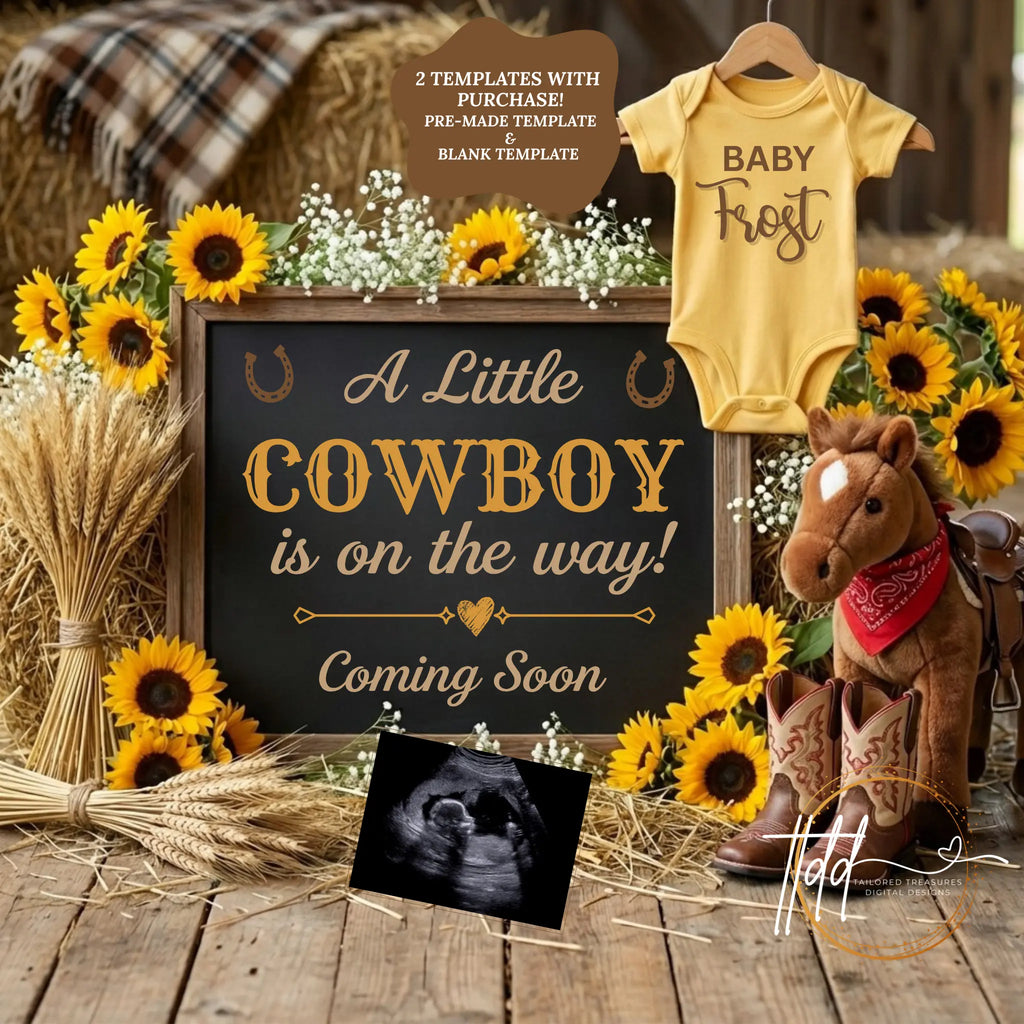 A Little Cowboy is Coming, Farm Boy Digital Gender Reveal, Digital Western Pregnancy Announcement Customizable Editable Template TailoredTreasuresDigitalDesigns™
