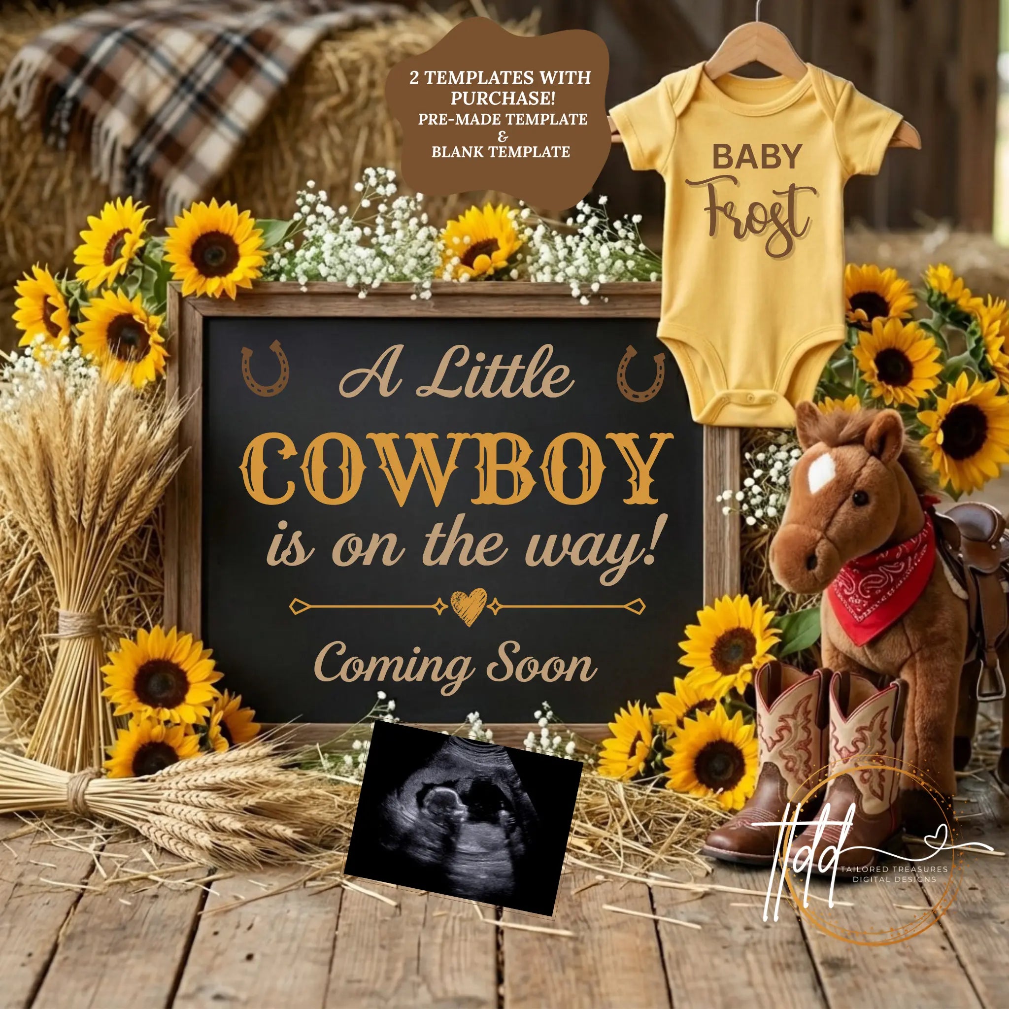 A Little Cowboy is Coming, Farm Boy Digital Gender Reveal, Digital Western Pregnancy Announcement Customizable Editable Template TailoredTreasuresDigitalDesigns™