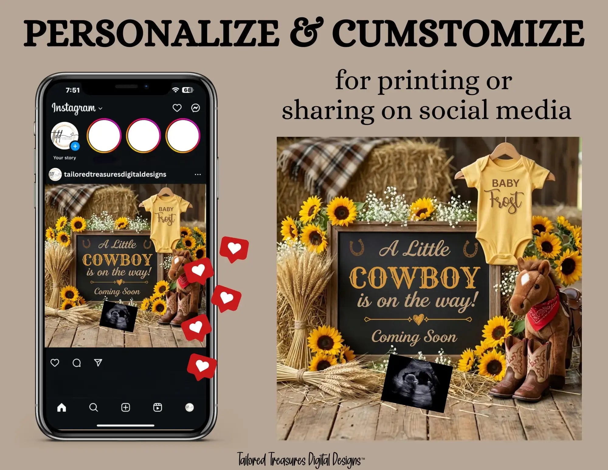 A Little Cowboy is Coming, Farm Boy Digital Gender Reveal, Digital Western Pregnancy Announcement Customizable Editable Template TailoredTreasuresDigitalDesigns™