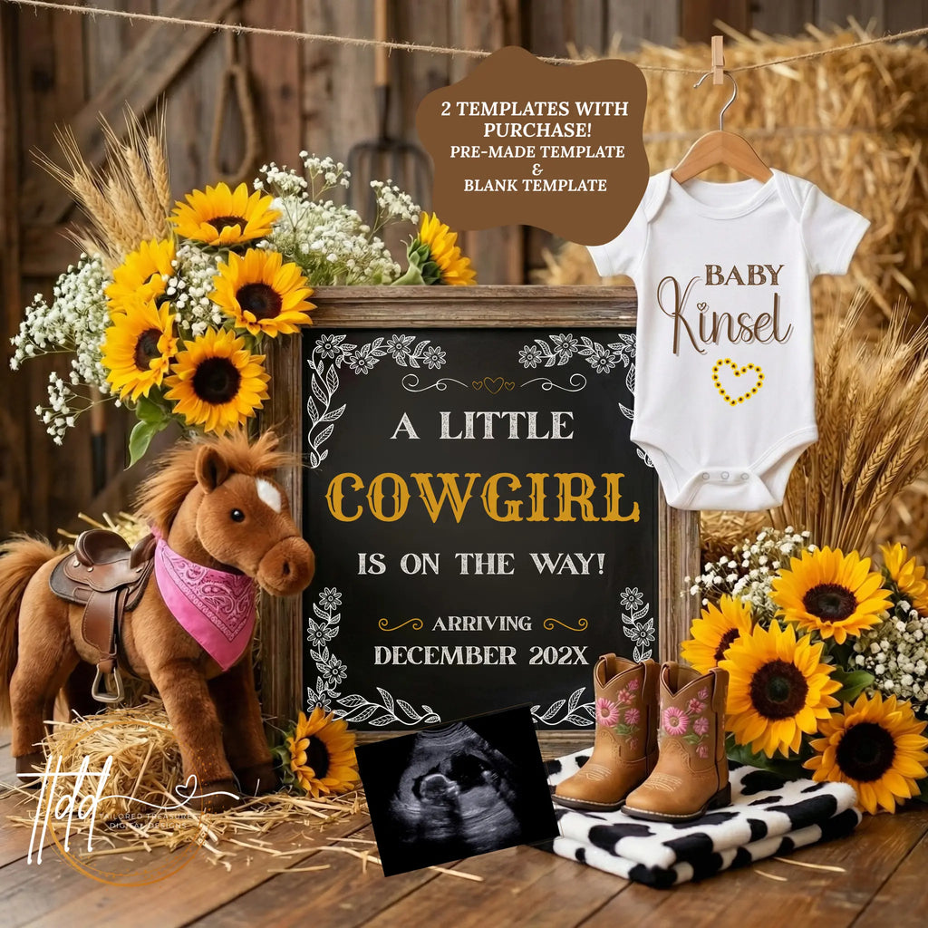 A Little Cowgirl is Coming, Farm Girl Digital Gender Reveal, Digital Western Pregnancy Announcement Customizable Editable Template - TailoredTreasuresDigitalDesigns™