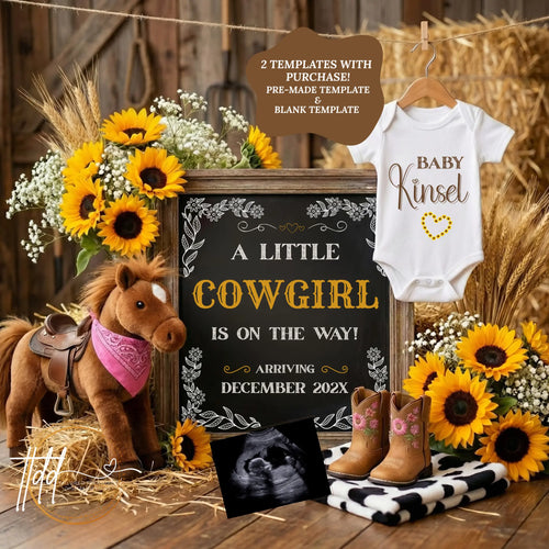 A Little Cowgirl is Coming, Farm Girl Digital Gender Reveal, Digital Western Pregnancy Announcement Customizable Editable Template - TailoredTreasuresDigitalDesigns™