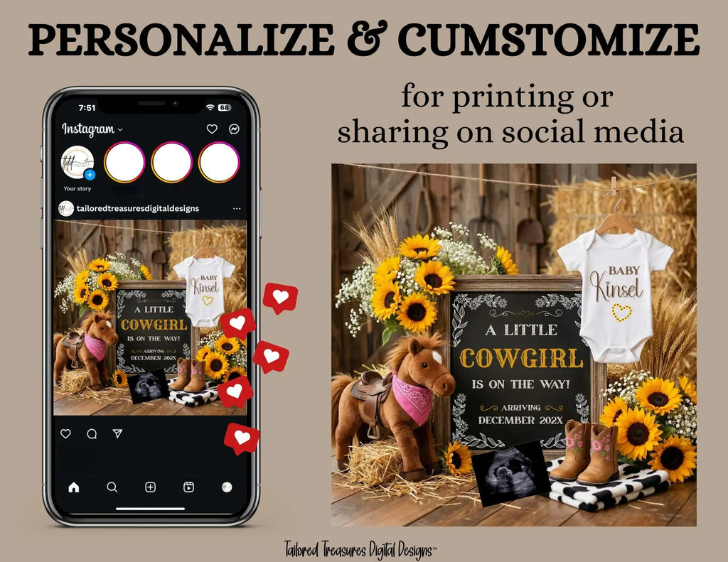 A Little Cowgirl is Coming, Farm Girl Digital Gender Reveal, Digital Western Pregnancy Announcement Customizable Editable Template - TailoredTreasuresDigitalDesigns™