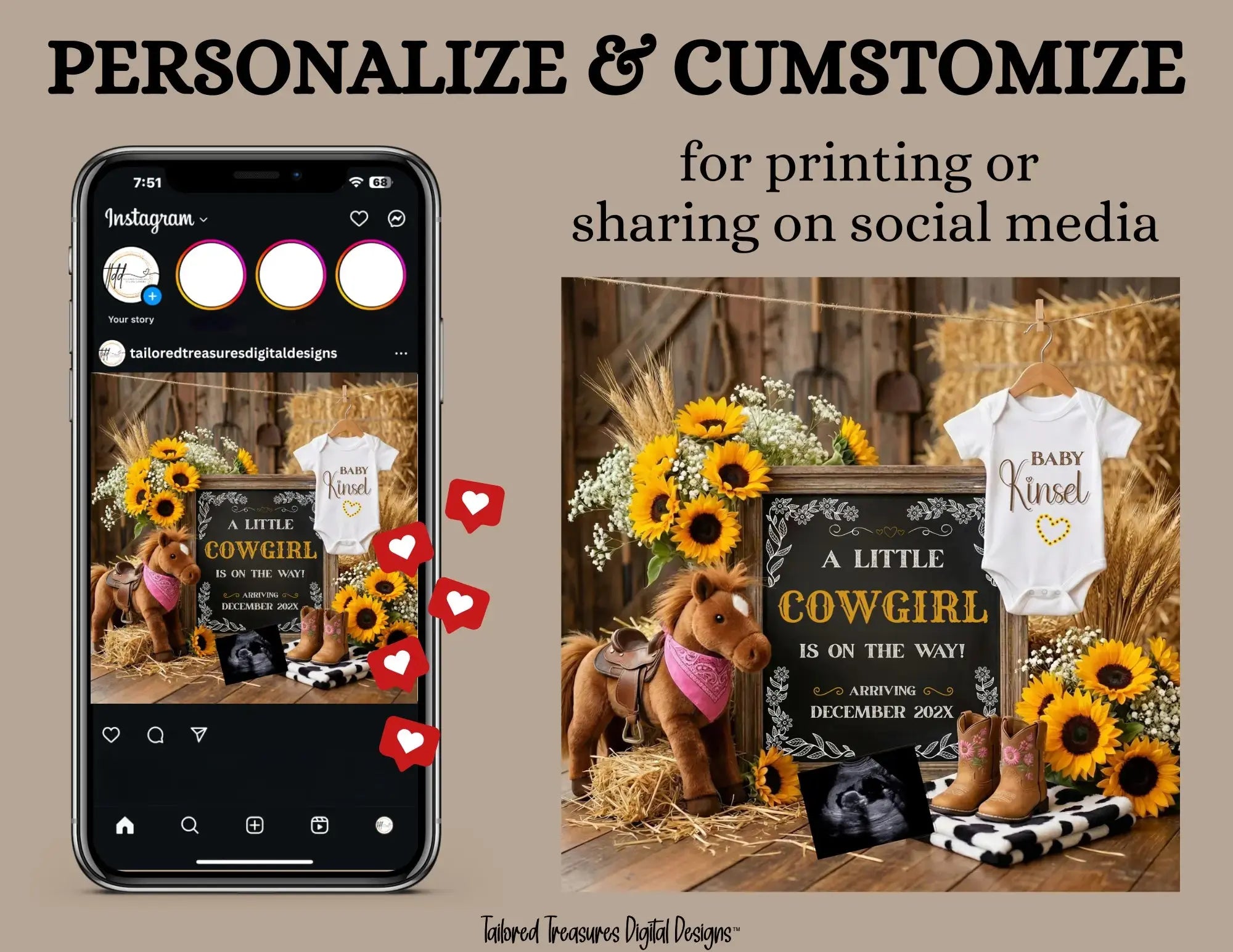 A Little Cowgirl is Coming, Farm Girl Digital Gender Reveal, Digital Western Pregnancy Announcement Customizable Editable Template - TailoredTreasuresDigitalDesigns™