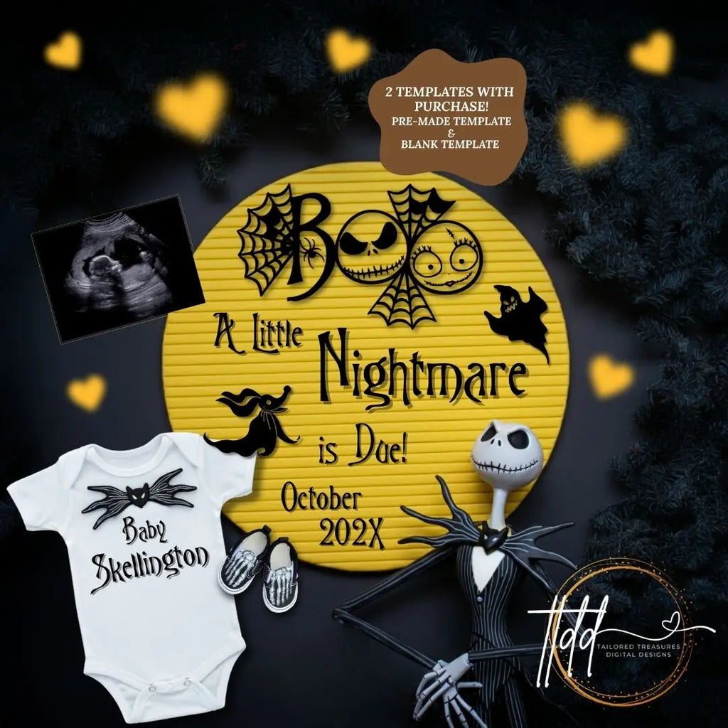 Digital Pregnancy Announcement, A Little Nightmare Coming, Customizable Halloween Themed, Personalized Editable Template TailoredTreasuresDigitalDesigns™