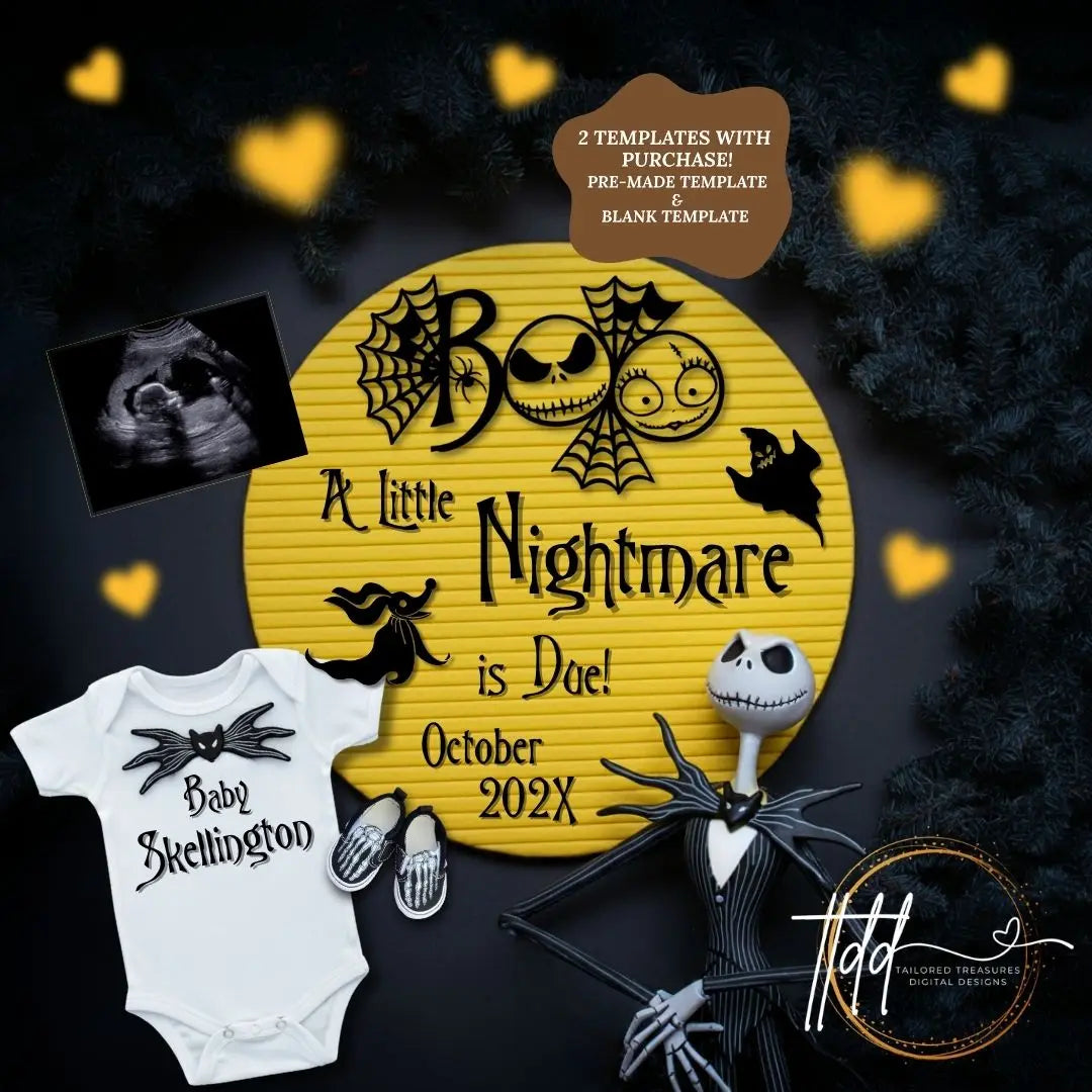 Digital Pregnancy Announcement, A Little Nightmare Coming, Customizable Halloween Themed, Personalized Editable Template TailoredTreasuresDigitalDesigns™