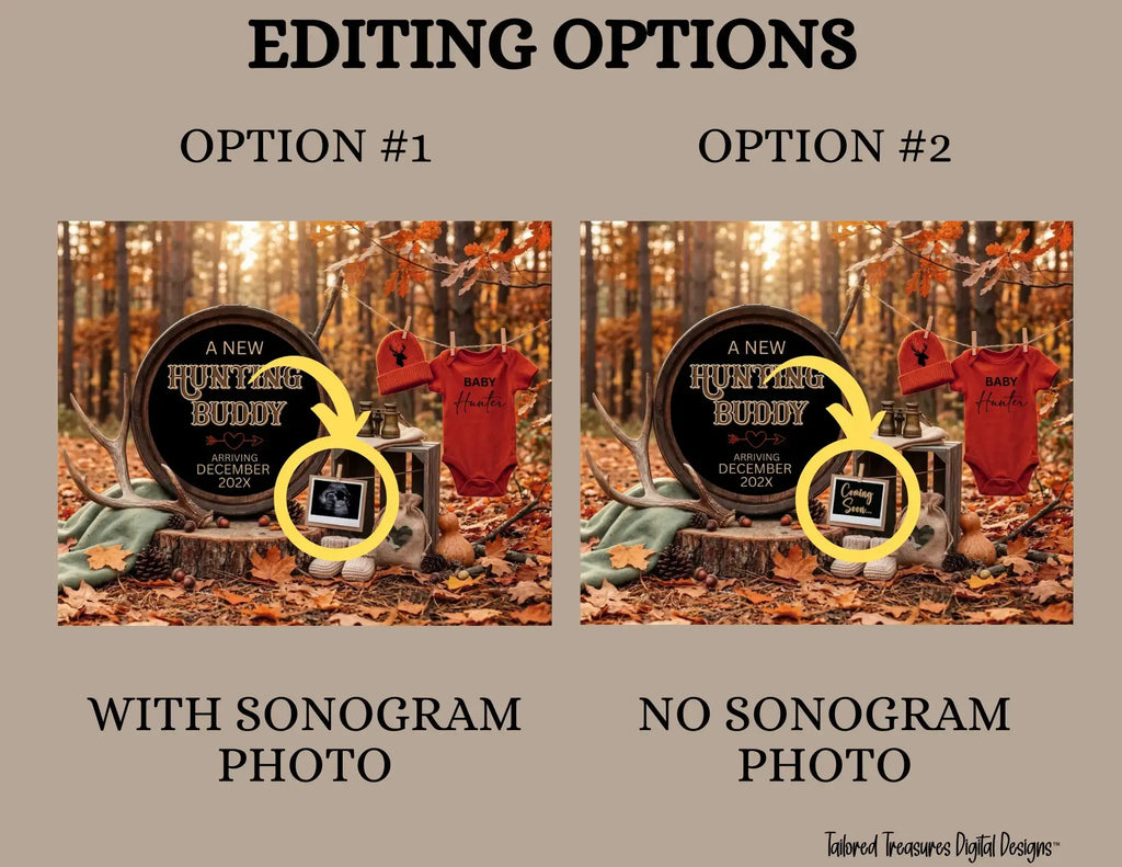 A New Hunting Buddy is Coming, Hunting Digital Pregnancy Announcement, Gender Neutral Customizable Editable Template - TailoredTreasuresDigitalDesigns™