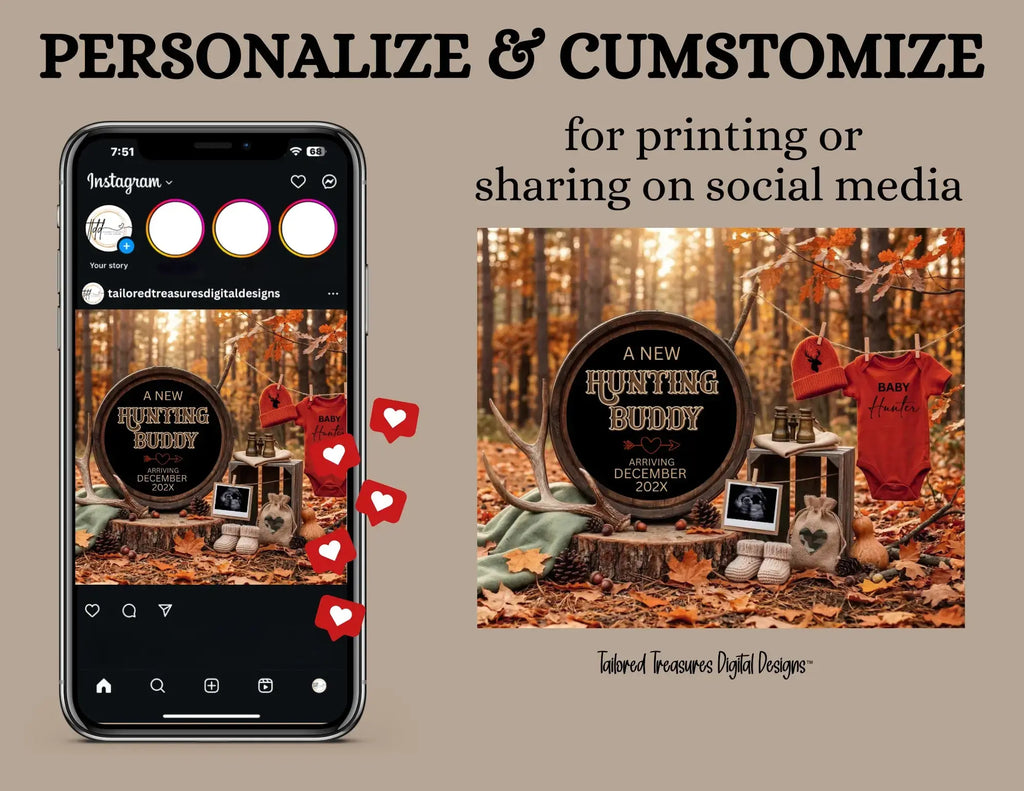 A New Hunting Buddy is Coming, Hunting Digital Pregnancy Announcement, Gender Neutral Customizable Editable Template - TailoredTreasuresDigitalDesigns™