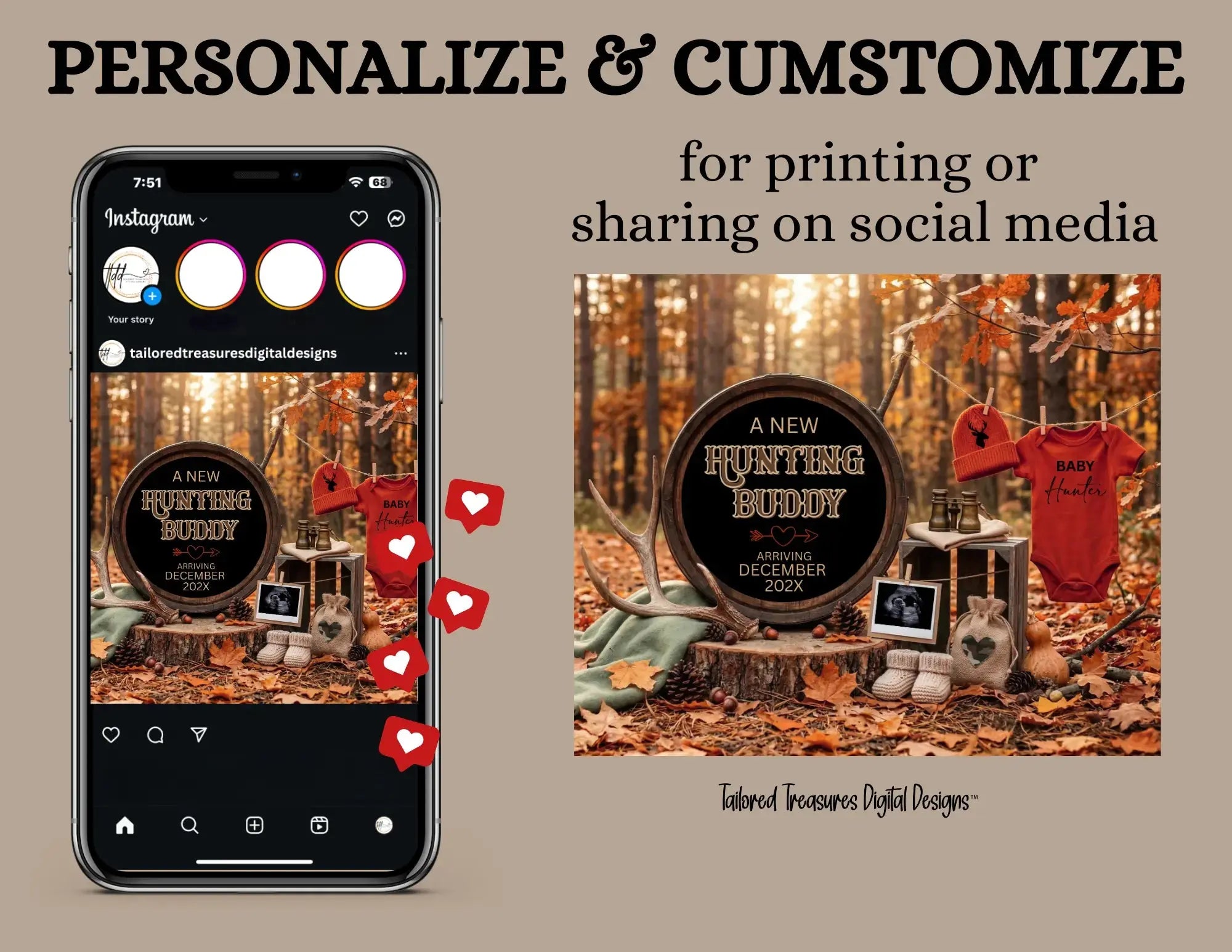 A New Hunting Buddy is Coming, Hunting Digital Pregnancy Announcement, Gender Neutral Customizable Editable Template - TailoredTreasuresDigitalDesigns™