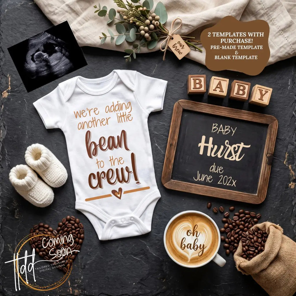 Adding to the Crew – Coffee Bean Pregnancy Announcement | Fully Editable Digital Canva Template TailoredTreasuresDigitalDesigns™