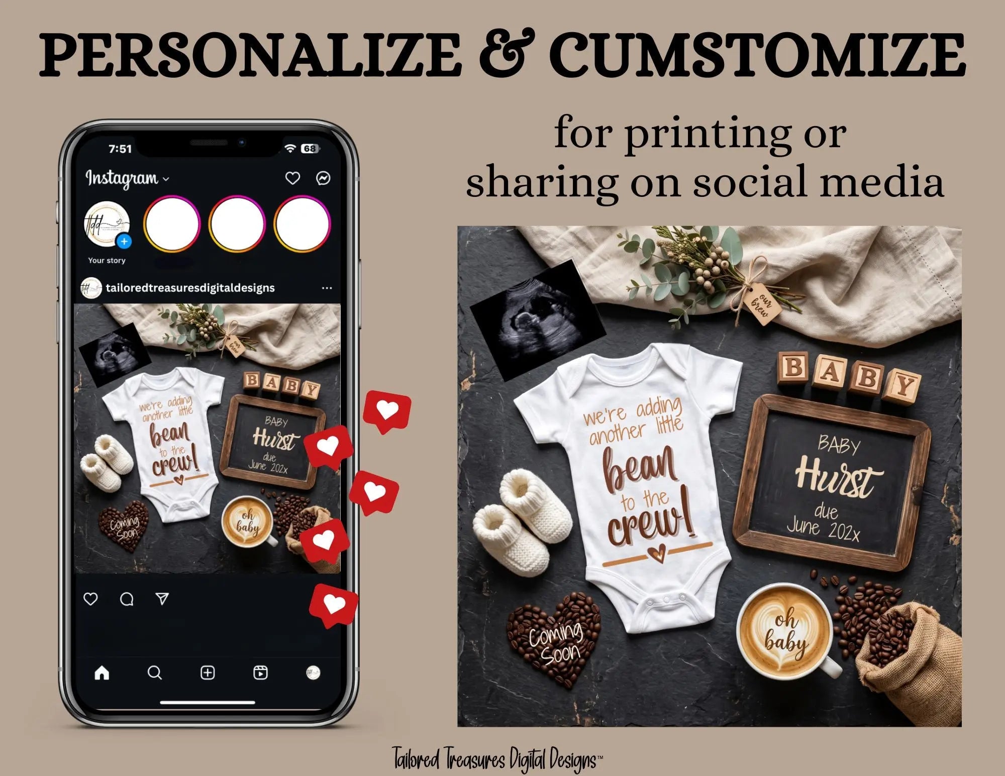 Adding to the Crew – Coffee Bean Pregnancy Announcement | Fully Editable Digital Canva Template TailoredTreasuresDigitalDesigns™