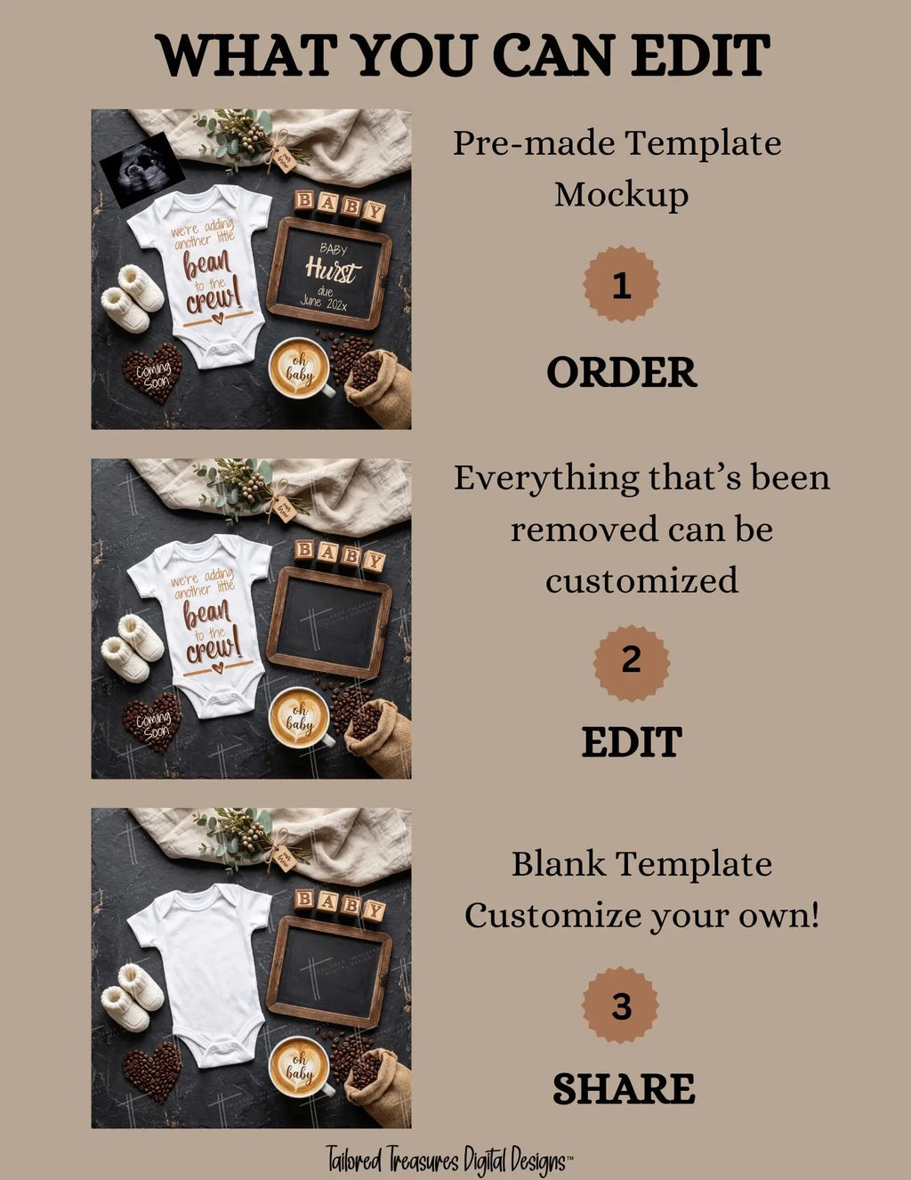 Adding to the Crew – Coffee Bean Pregnancy Announcement | Fully Editable Digital Canva Template TailoredTreasuresDigitalDesigns™