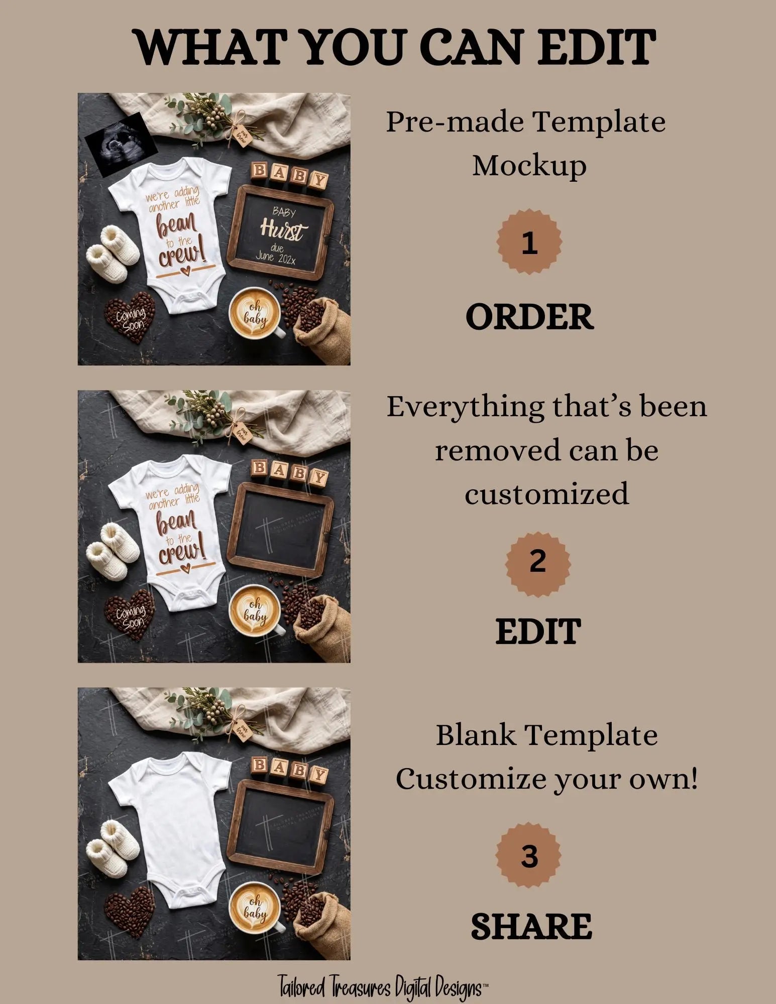 Adding to the Crew – Coffee Bean Pregnancy Announcement | Fully Editable Digital Canva Template TailoredTreasuresDigitalDesigns™
