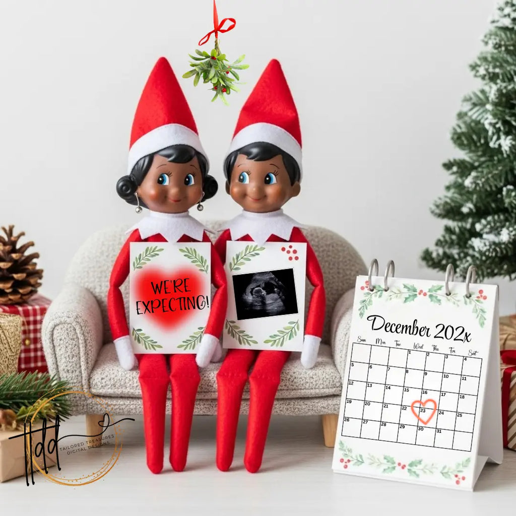 We're Expecting, Elf Shelf Digital Pregnancy Announcement, Customizable Christmas Themed, Editable Details Template - TailoredTreasuresDigitalDesigns™