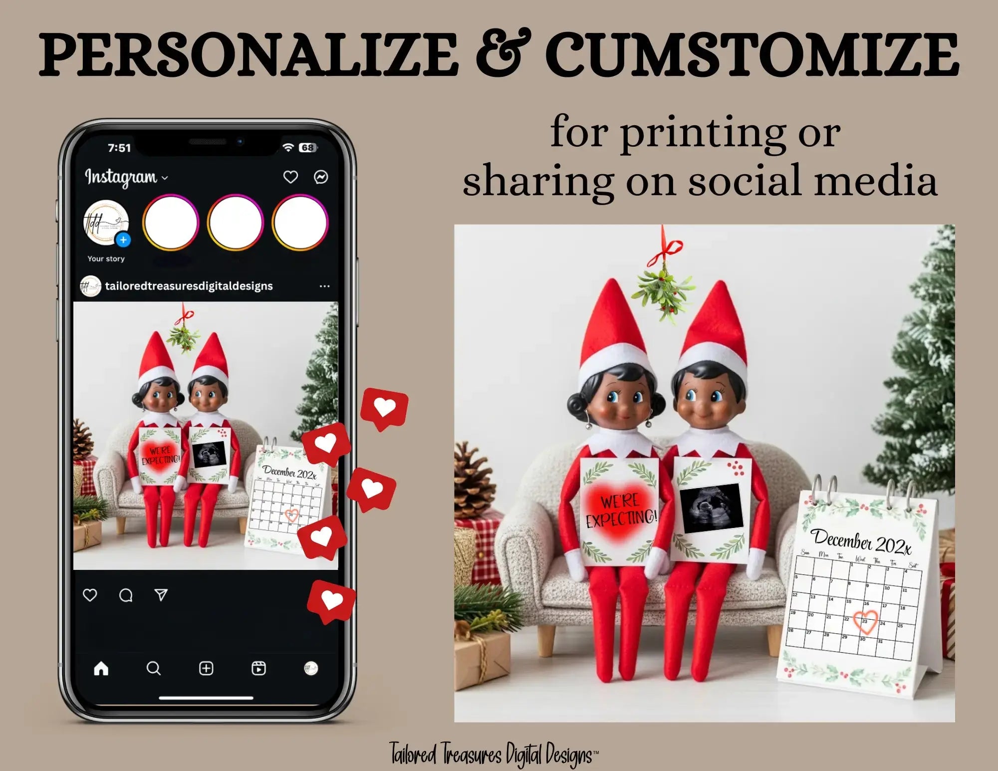 We're Expecting, Elf Shelf Digital Pregnancy Announcement, Customizable Christmas Themed, Editable Details Template - TailoredTreasuresDigitalDesigns™