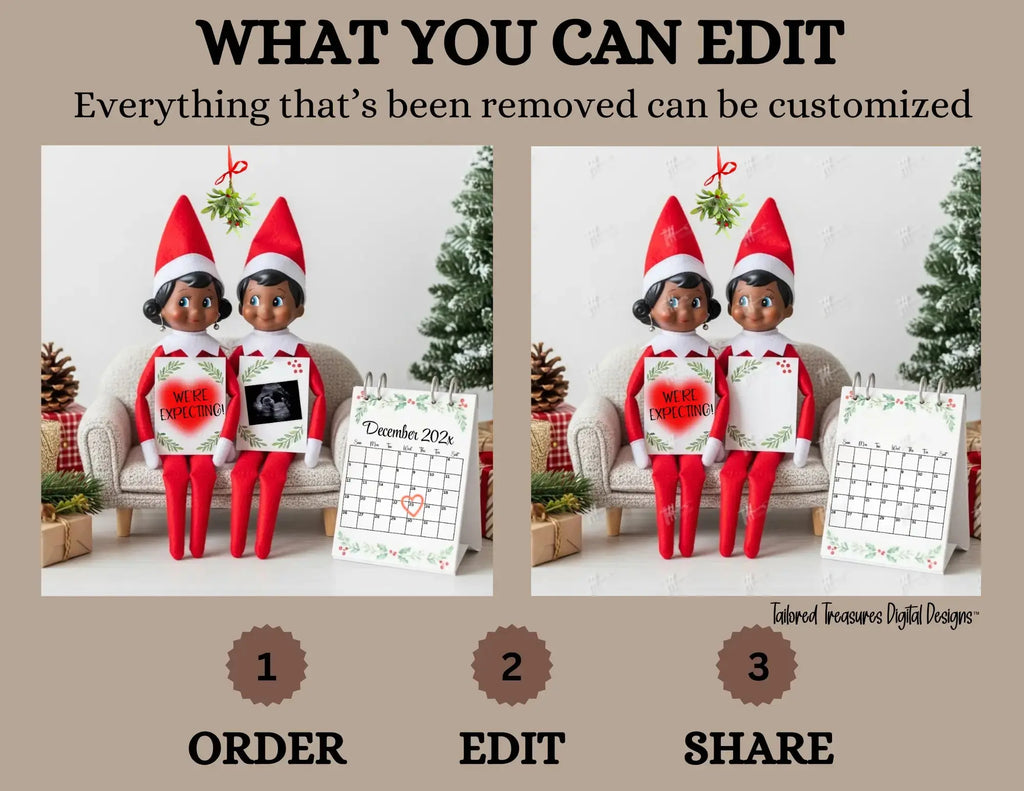 We're Expecting, Elf Shelf Digital Pregnancy Announcement, Customizable Christmas Themed, Editable Details Template - TailoredTreasuresDigitalDesigns™