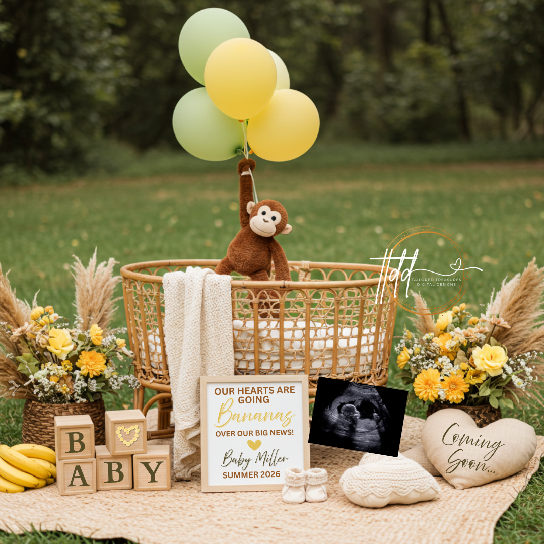 Baby reveal setup with balloons, monkey plush, and 'Coming Soon' sign outdoors.