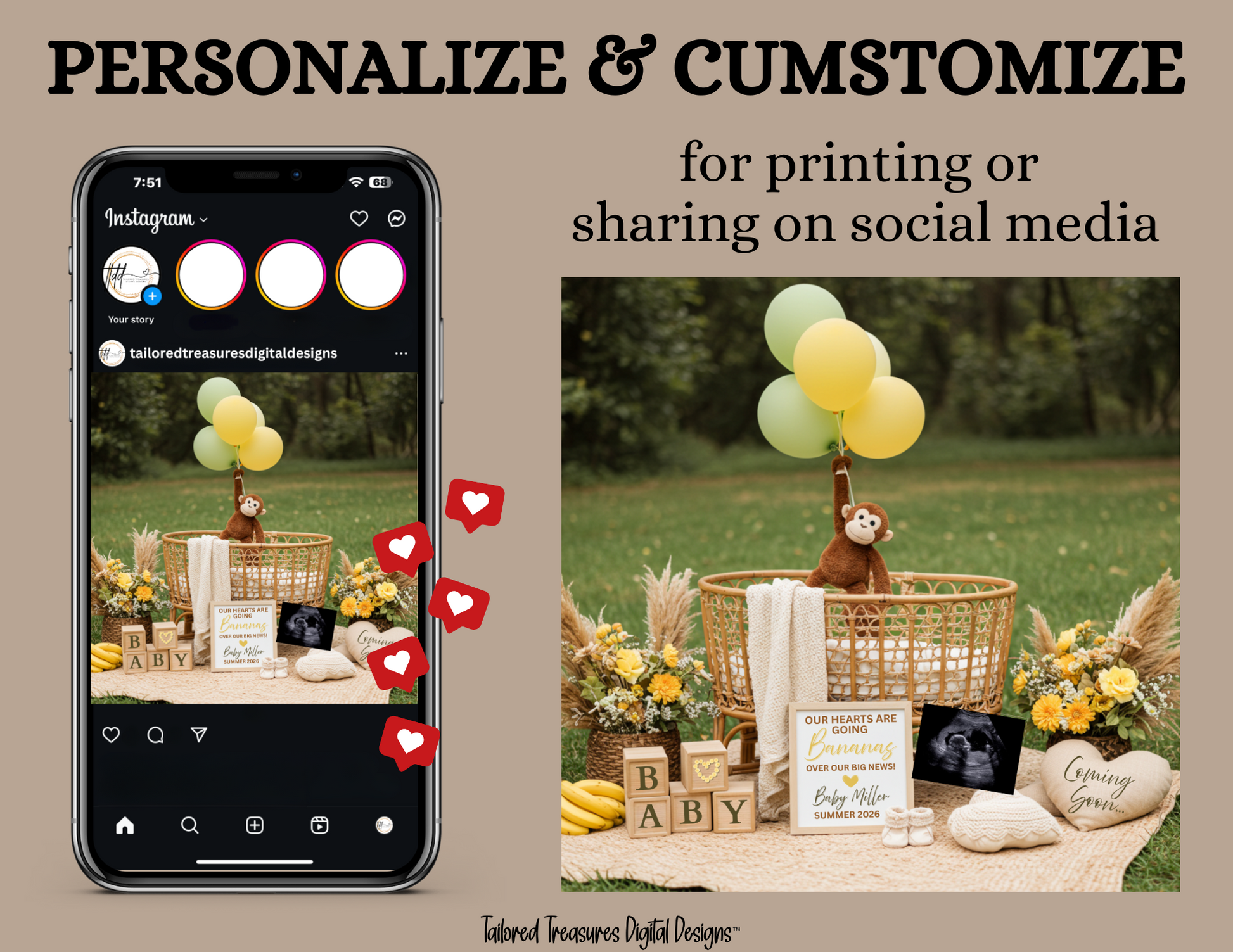 Phone screen with Instagram interface and outdoor baby shower setup with balloons and 'Baby' sign.