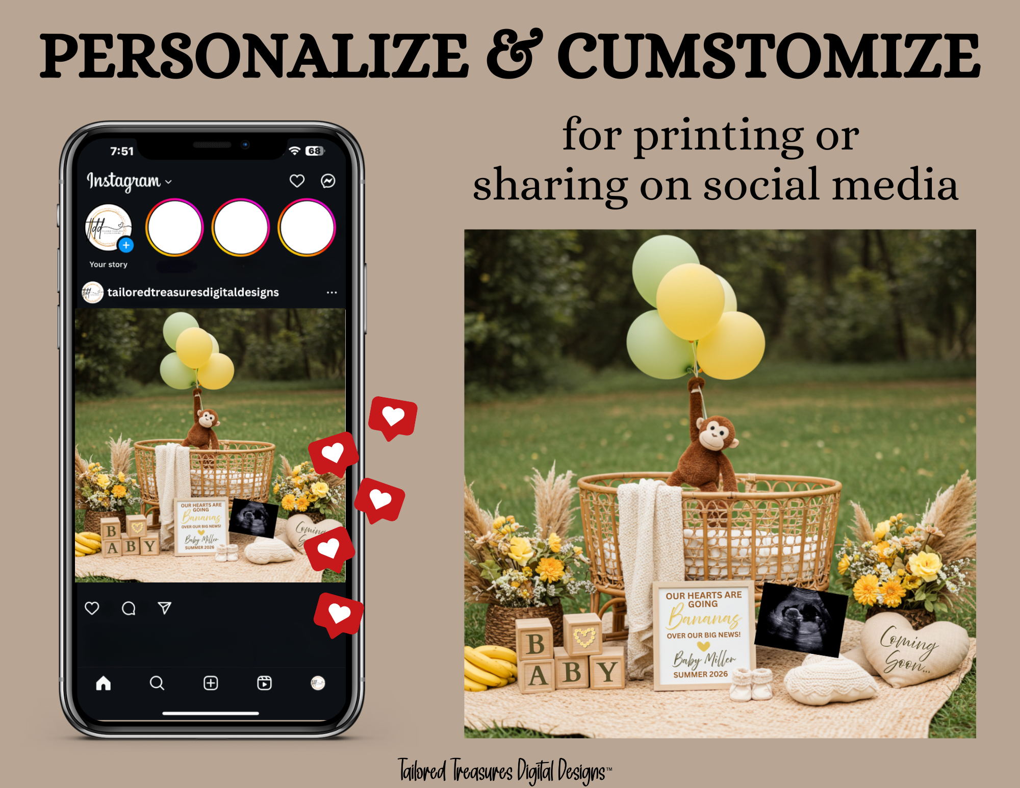 Phone screen with Instagram interface and outdoor baby shower setup with balloons and 'Baby' sign.