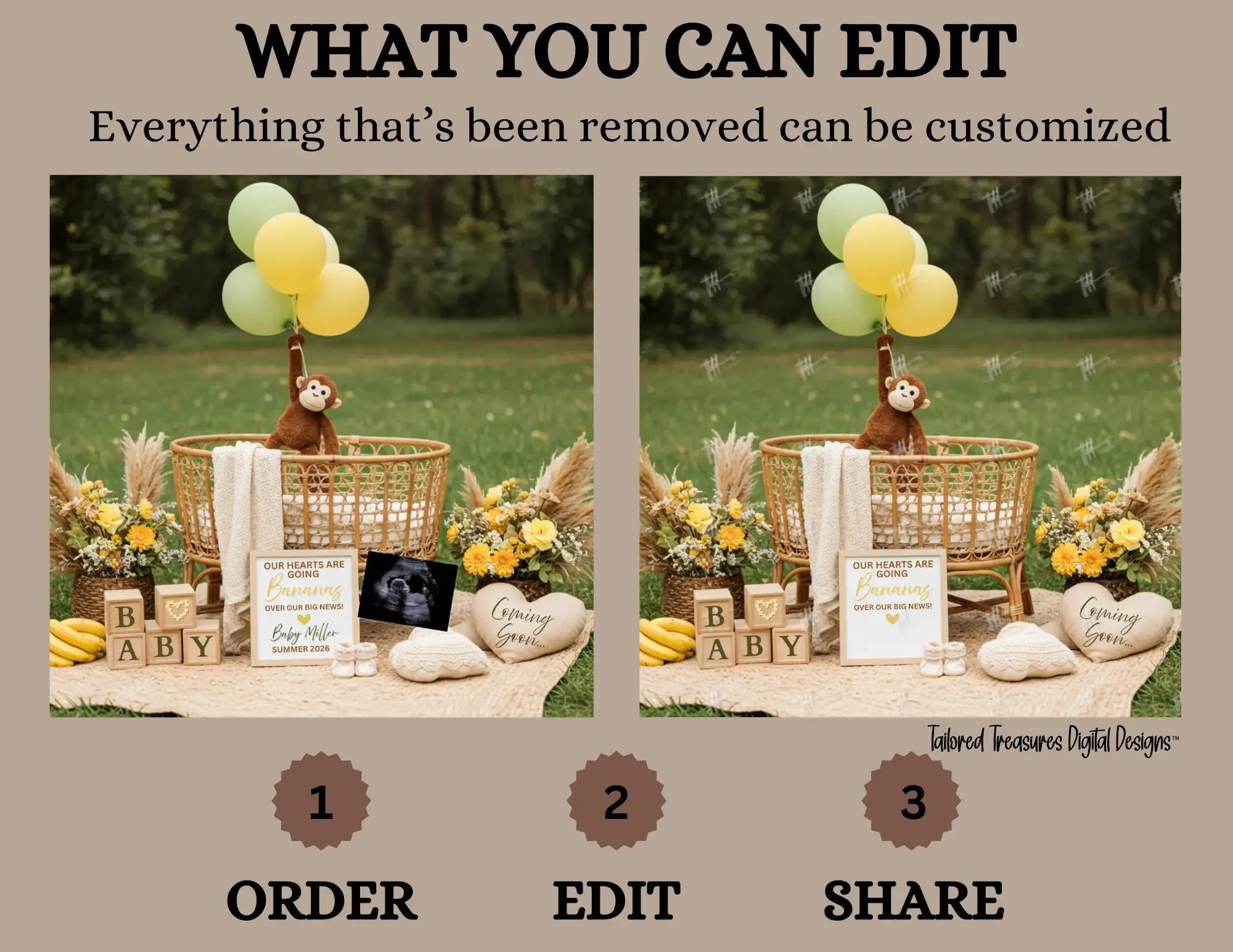Our Hearts are Going Bananas, Monkey Digital Pregnancy Announcement, Customizable Canva Editable Template, Instant Download Gender Neutral Baby Reveal - TailoredTreasuresDigitalDesigns™