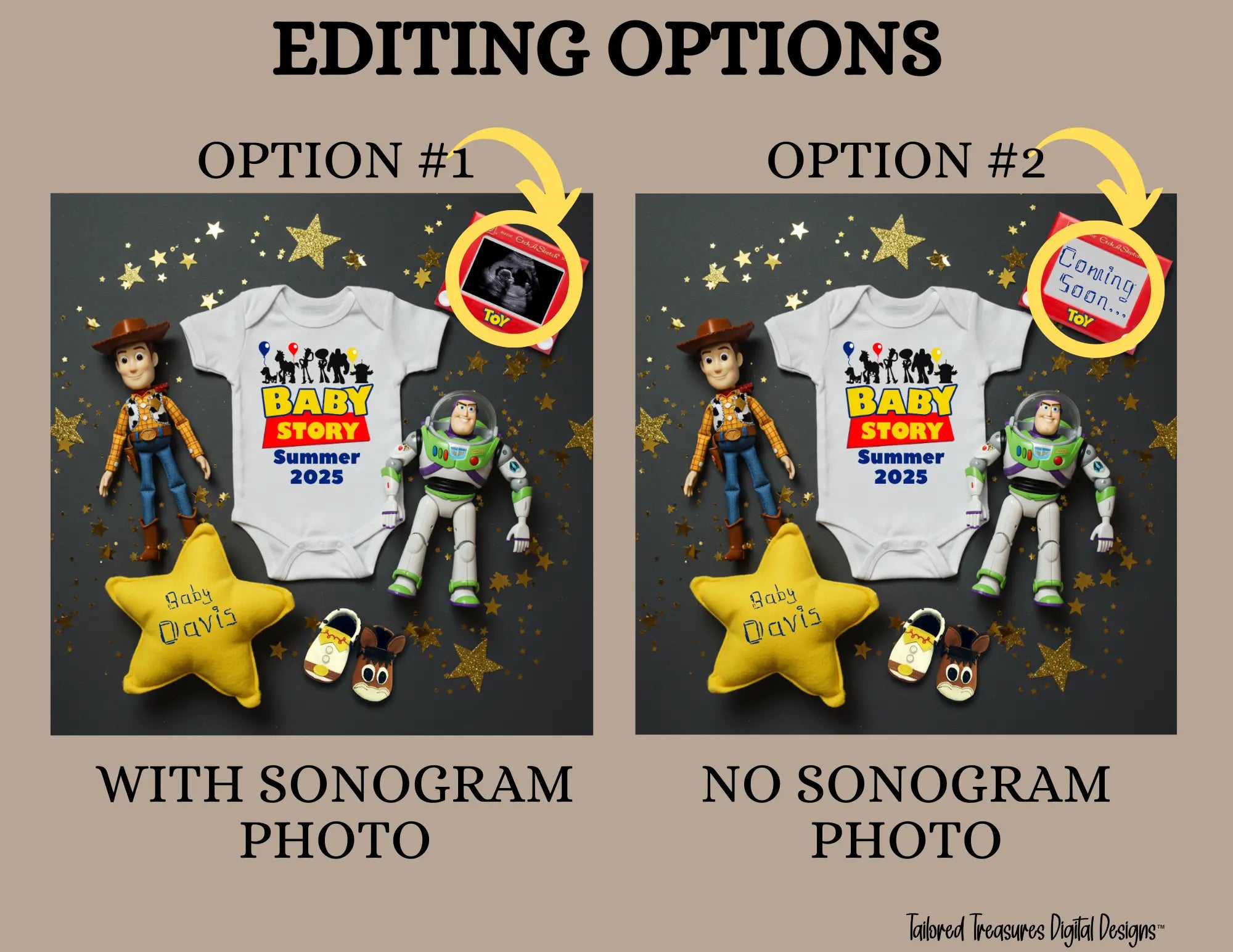 Digital Pregnancy Announcement, Baby Story, Customizable Toy Story Themed, Personalized Editable Template TailoredTreasuresDigitalDesigns™