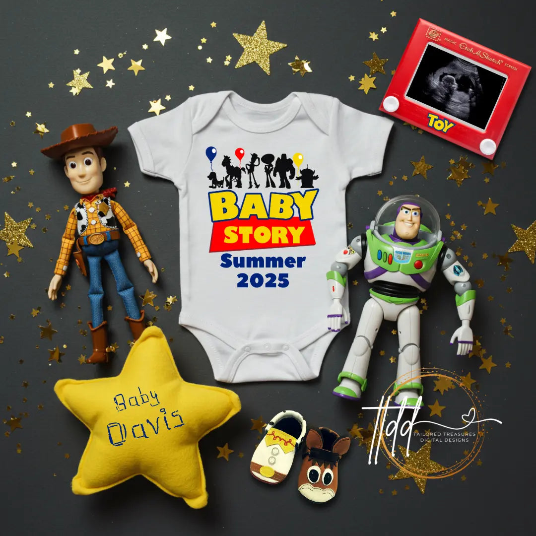 Digital Pregnancy Announcement, Baby Story, Customizable Toy Story Themed, Personalized Editable Template TailoredTreasuresDigitalDesigns™