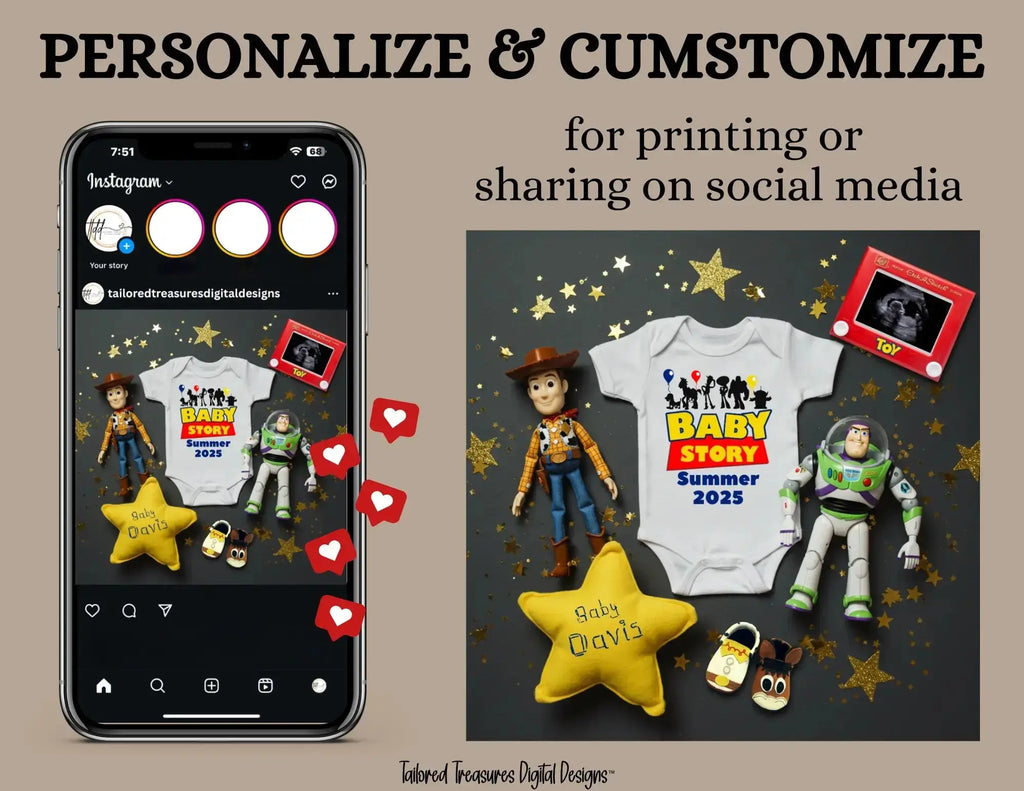 Digital Pregnancy Announcement, Baby Story, Customizable Toy Story Themed, Personalized Editable Template TailoredTreasuresDigitalDesigns™