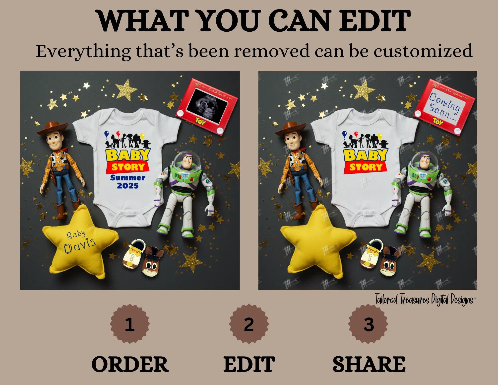 Digital Pregnancy Announcement, Baby Story, Customizable Toy Story Themed, Personalized Editable Template TailoredTreasuresDigitalDesigns™