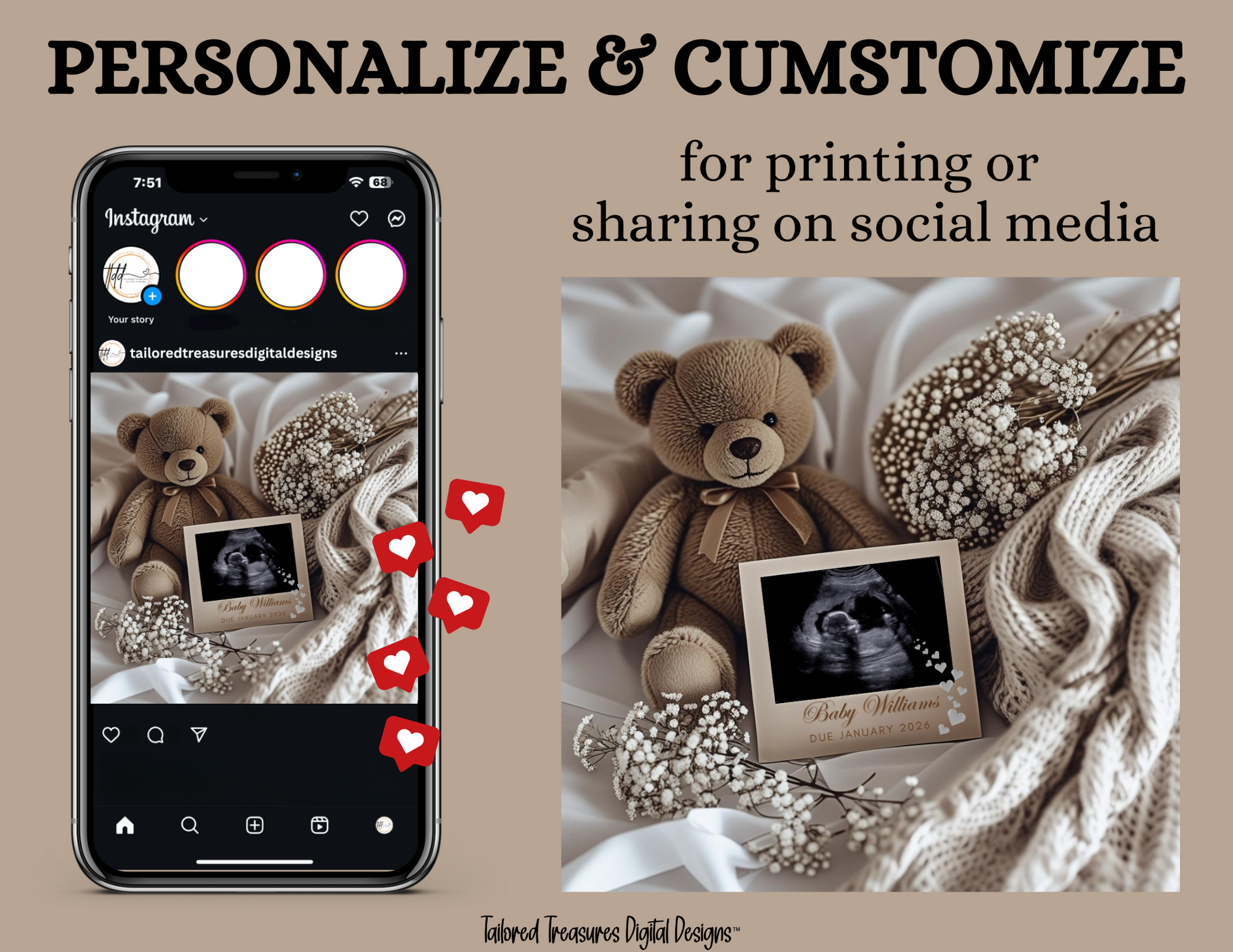 Smartphone displaying an Instagram interface with a teddy bear and baby ultrasound photo, next to a real teddy bear and ultrasound photo on a textured surface.