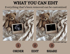 Teddy bear with photo frame on textured fabric, customizable elements shown.