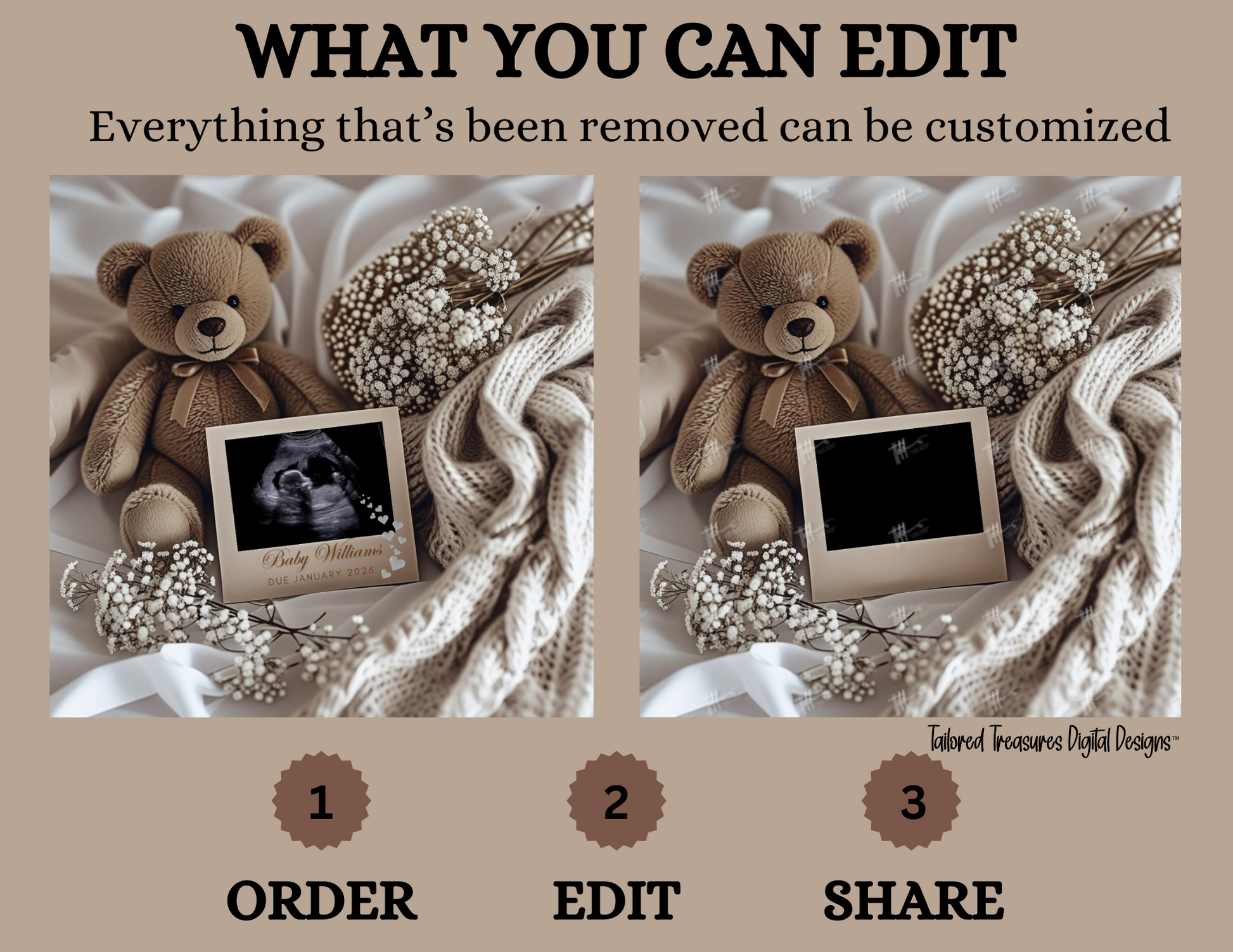 Teddy bear with photo frame on textured fabric, customizable elements shown.