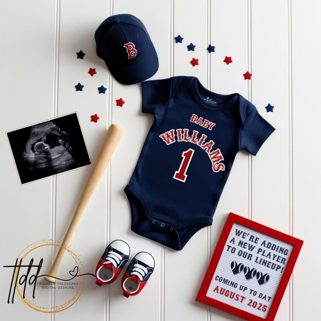 Digital Baseball Boston Red Sox Themed Pregnancy Announcement, New Player to our lineup, Customizable, Downloadable Editable Template TailoredTreasuresDigitalDesigns™