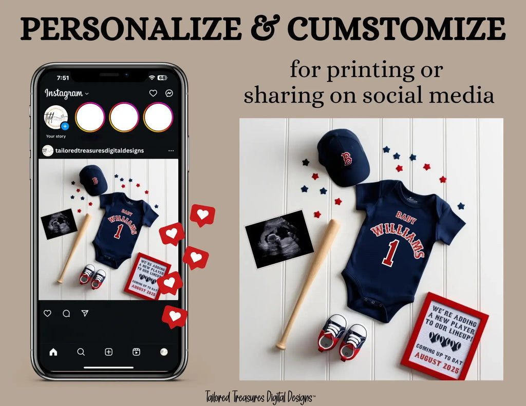 Baseball Red Sox Digital Pregnancy Announcement, MLB Editable Template, Canva Downloadable Social Media Reveal TailoredTreasuresDigitalDesigns™