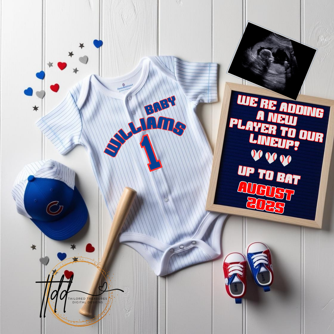 Digital Baseball Chicago Cubs Themed Pregnancy Announcement, New Player to our lineup, Customizable, Downloadable Editable Template TailoredTreasuresDigitalDesigns™