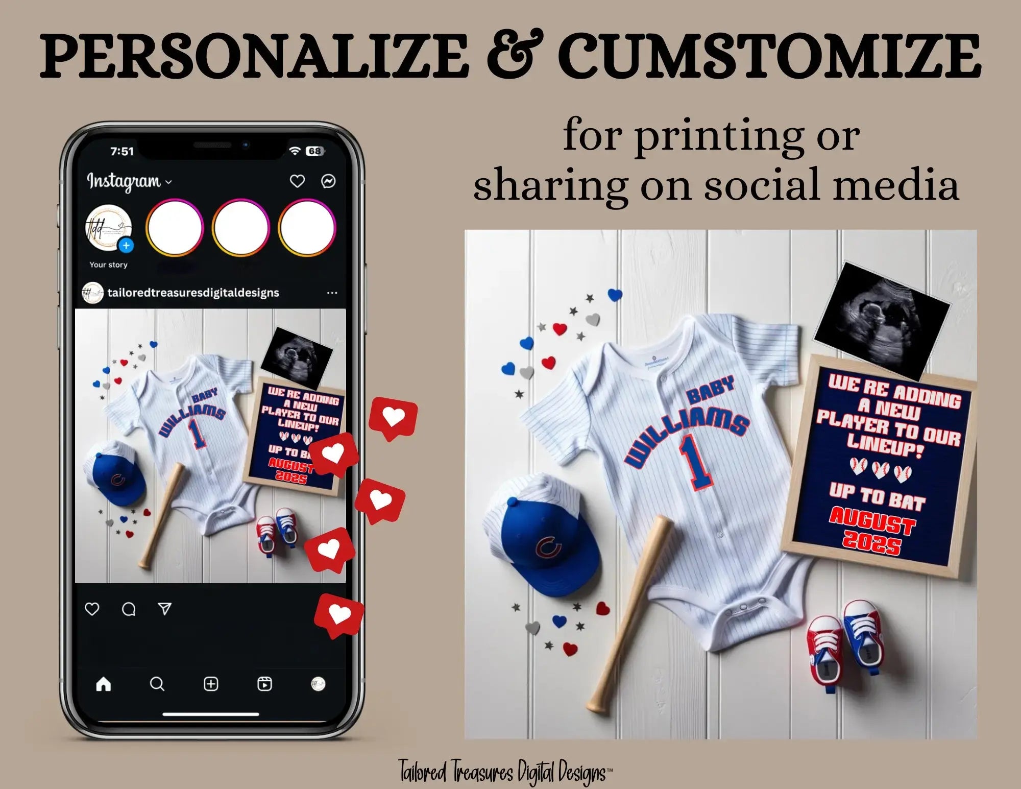Baseball Cubs Digital Pregnancy Announcement, MLB Chicago Cubs, Canva Downloadable Editable Template, Social Media Reveal TailoredTreasuresDigitalDesigns™