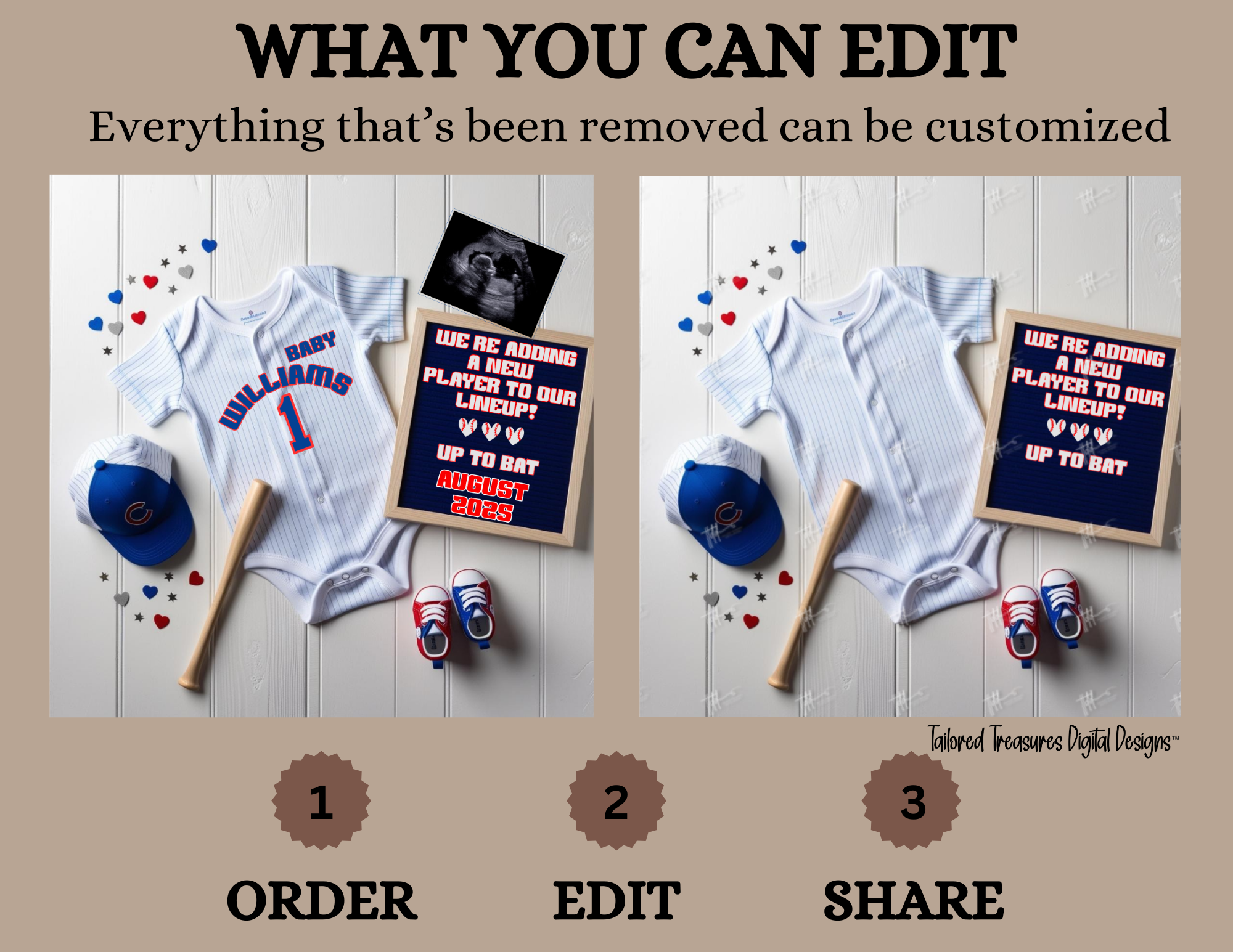 Digital Baseball Chicago Cubs Themed Pregnancy Announcement, New Player to our lineup, Customizable, Downloadable Editable Template TailoredTreasuresDigitalDesigns™