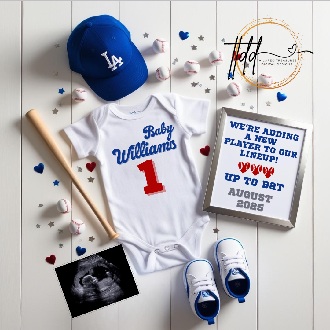 Digital Baseball La Dodgers Themed Pregnancy Announcement, New Player to our lineup, Customizable, Downloadable Editable Template TailoredTreasuresDigitalDesigns™