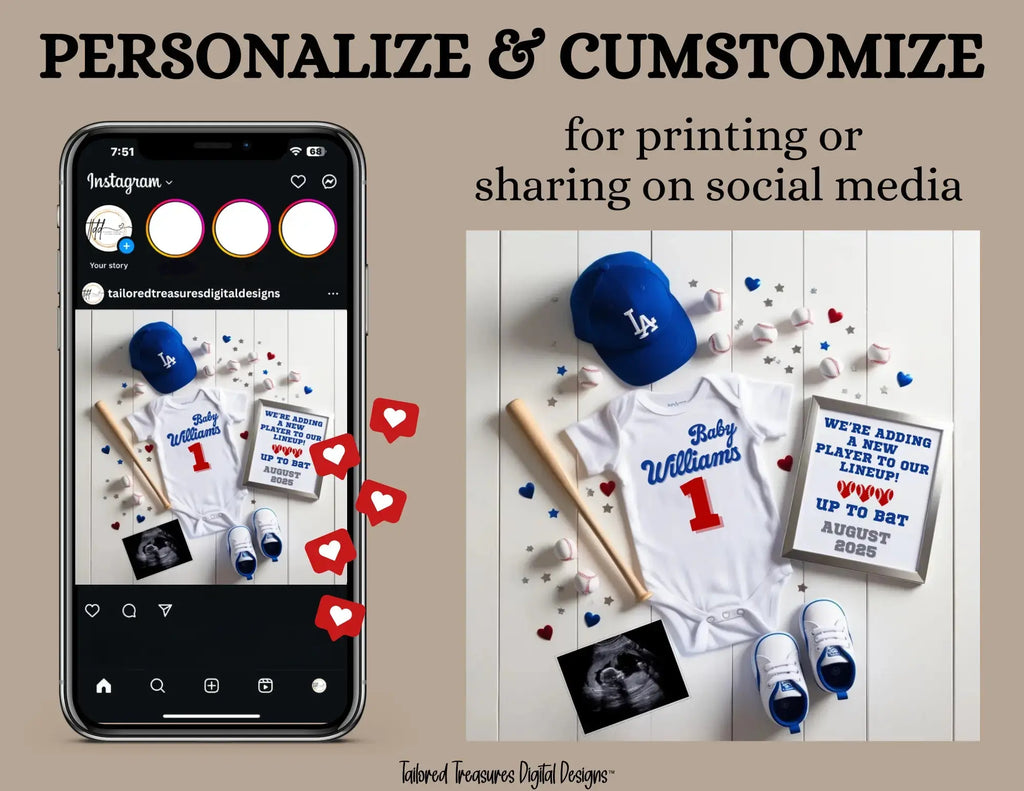 Baseball Dodgers Digital Pregnancy Announcement, MLB LA Dodgers, Canva Downloadable Editable Template, Social Media Reveal TailoredTreasuresDigitalDesigns™