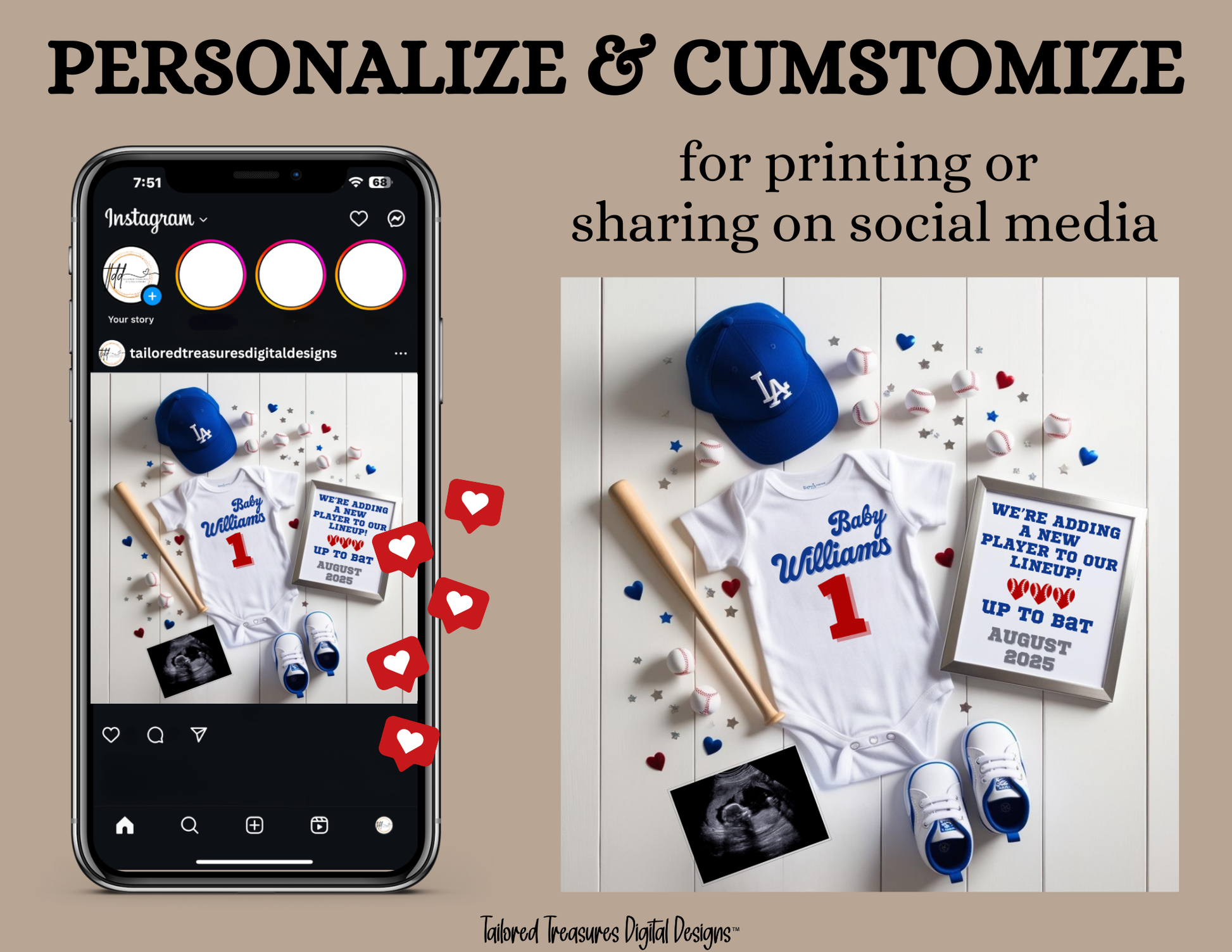 Digital Baseball La Dodgers Themed Pregnancy Announcement, New Player to our lineup, Customizable, Downloadable Editable Template TailoredTreasuresDigitalDesigns™