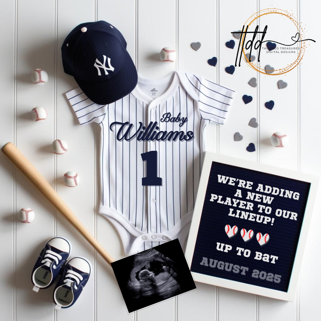 Digital Baseball NY Yankees Themed Pregnancy Announcement, New Player to our lineup, Customizable, Downloadable Editable Template TailoredTreasuresDigitalDesigns™