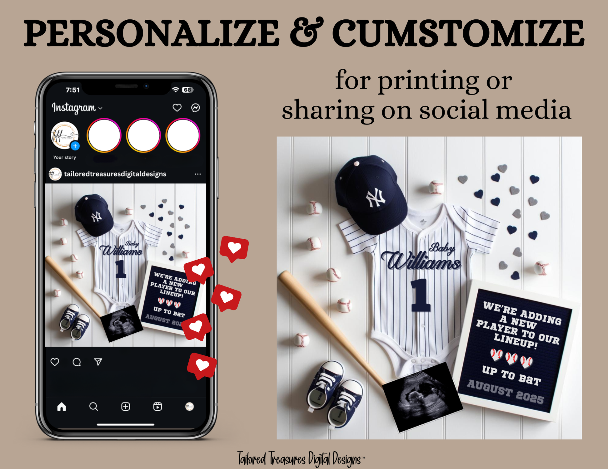 Digital Baseball NY Yankees Themed Pregnancy Announcement, New Player to our lineup, Customizable, Downloadable Editable Template TailoredTreasuresDigitalDesigns™