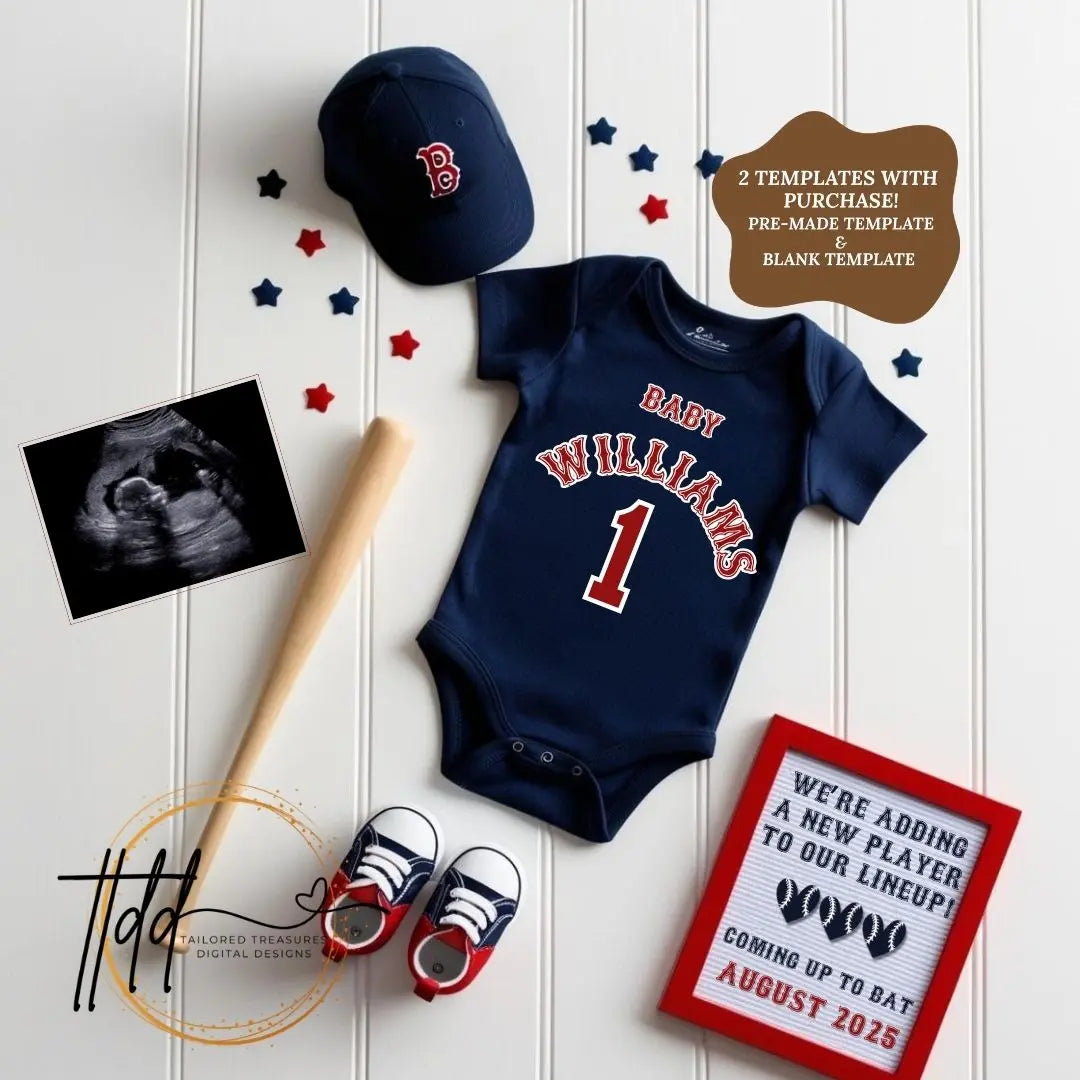 Baseball Red Sox Digital Pregnancy Announcement, MLB Editable Template, Canva Downloadable Social Media Reveal TailoredTreasuresDigitalDesigns™