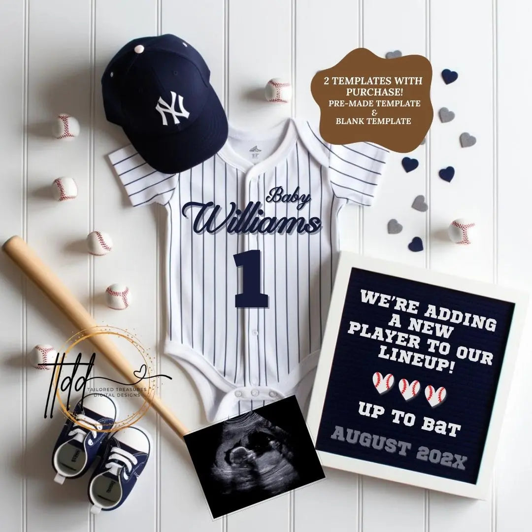 Baseball Yankees Digital Pregnancy Announcement, MLB NY Yankees, Canva Downloadable Editable Template, Social Media Reveal TailoredTreasuresDigitalDesigns™
