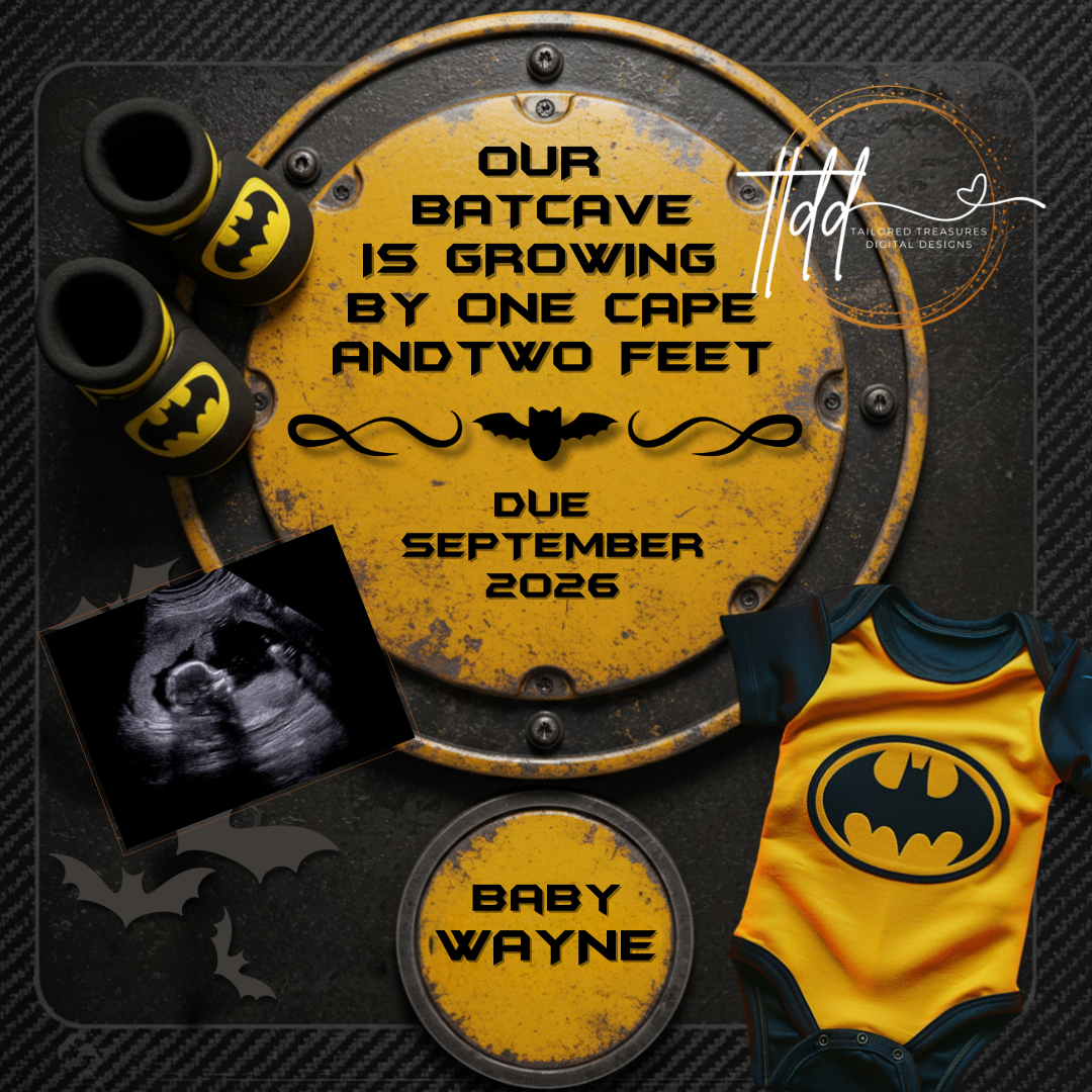 Digital Batman Pregnancy Announcement, Customizable Superhero Themed, Personalized Editable Template TailoredTreasuresDigitalDesigns™