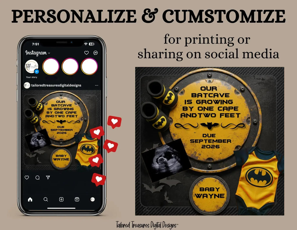 Digital Batman Pregnancy Announcement, Customizable Superhero Themed, Personalized Editable Template TailoredTreasuresDigitalDesigns™