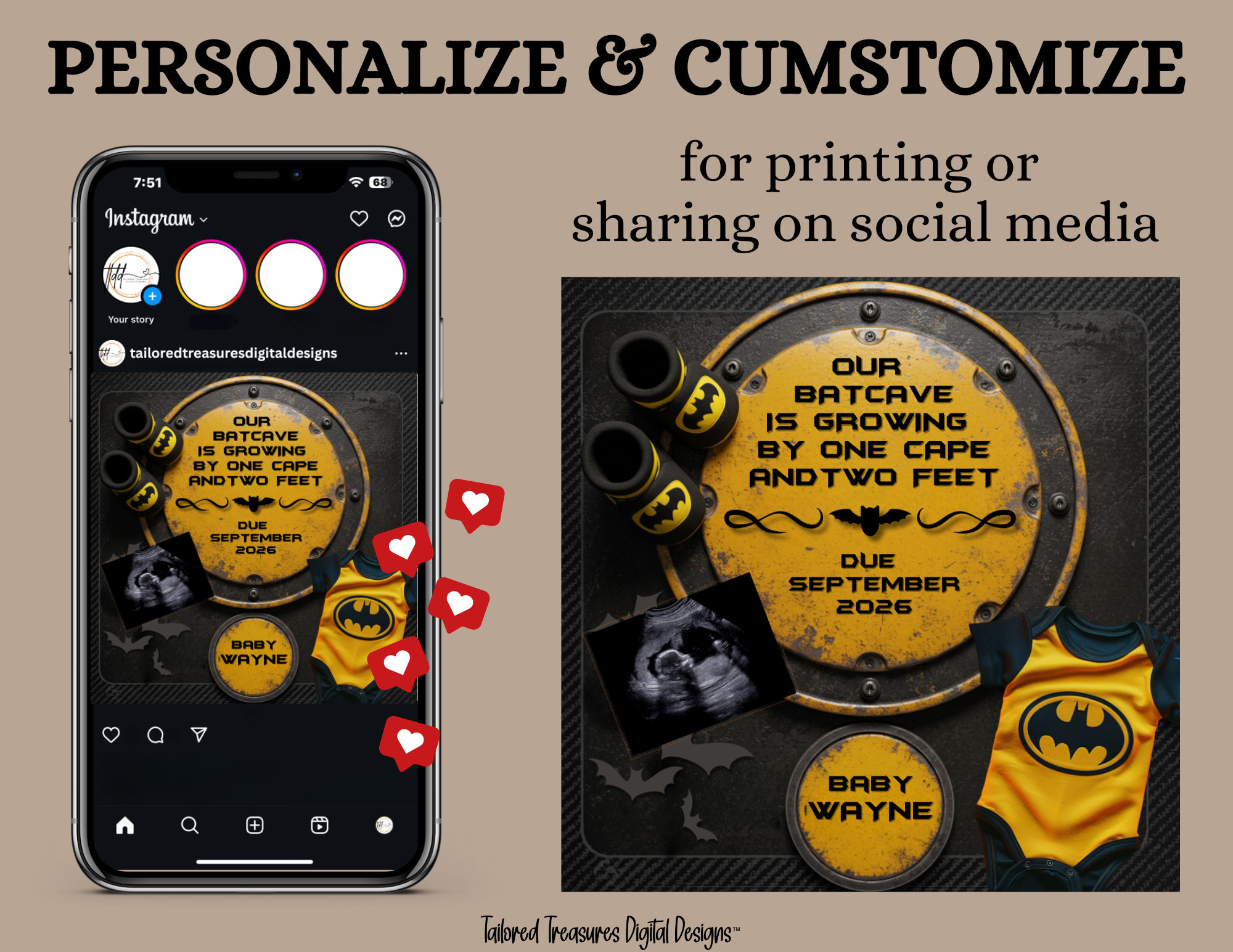 Digital Batman Pregnancy Announcement, Customizable Superhero Themed, Personalized Editable Template TailoredTreasuresDigitalDesigns™