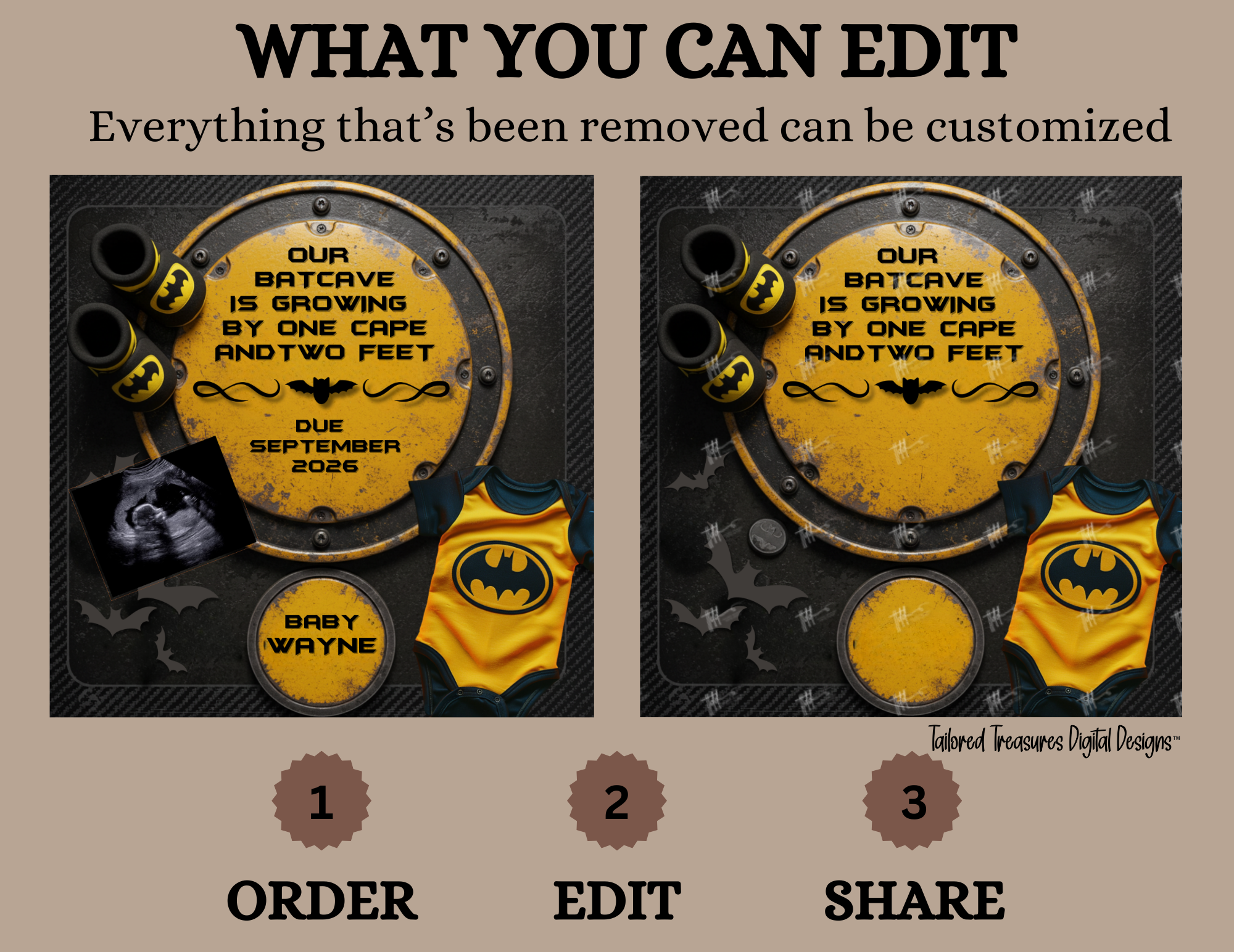 Digital Batman Pregnancy Announcement, Customizable Superhero Themed, Personalized Editable Template TailoredTreasuresDigitalDesigns™